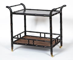 Vintage Ebonized Faux Bamboo Bar Cart, 20th Century