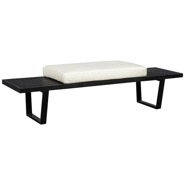 Vintage Ebonized George Nelson Style Bench With Leather Cushion