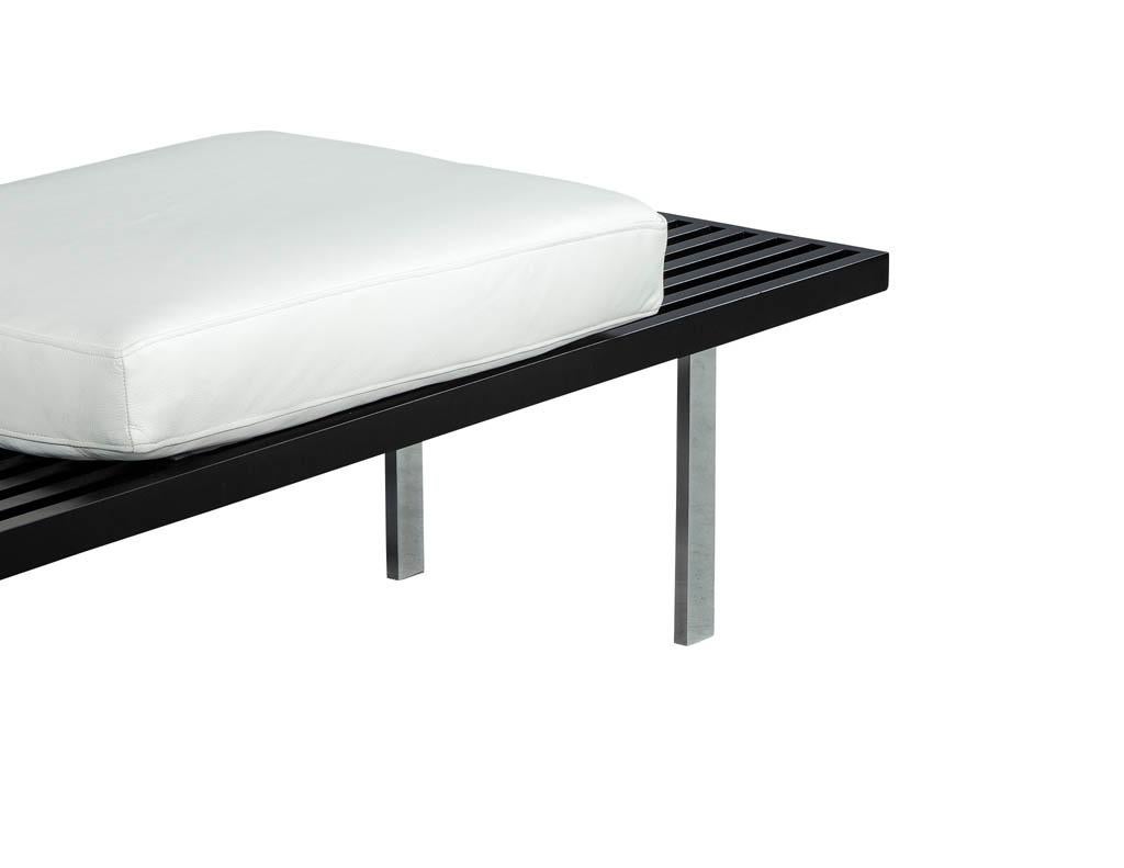 Stainless Steel Vintage Ebonized George Nelson Style Bench with Leather Seat For Sale