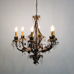 Vintage Ebonized & Gold Gilt Six-Light Foliate Form Crystal Chandelier C1940