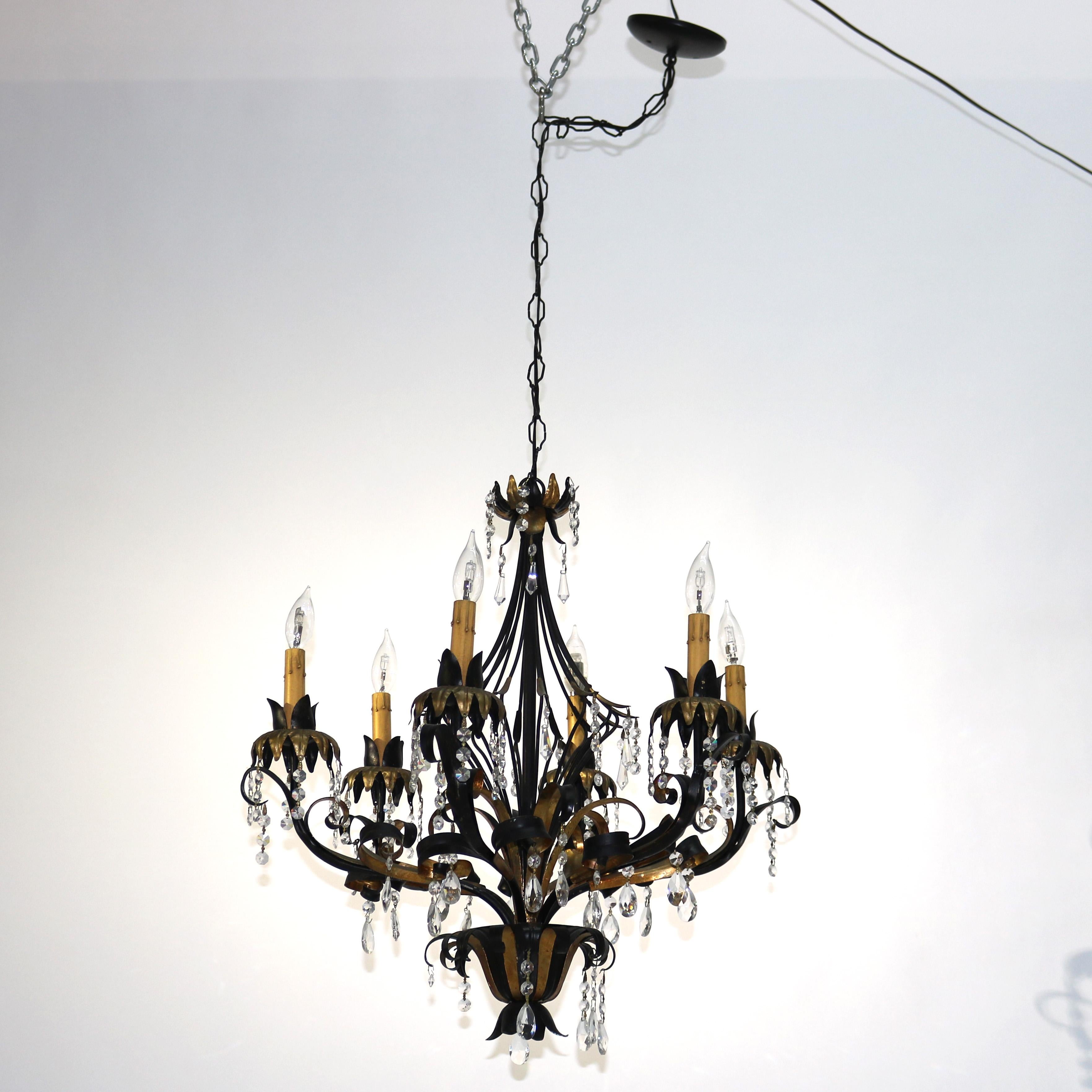 Vintage Ebonized & Gold vergoldet Sechs-Licht Foliate Form Kristall-Kronleuchter C1940 (Ebonisiert) im Angebot