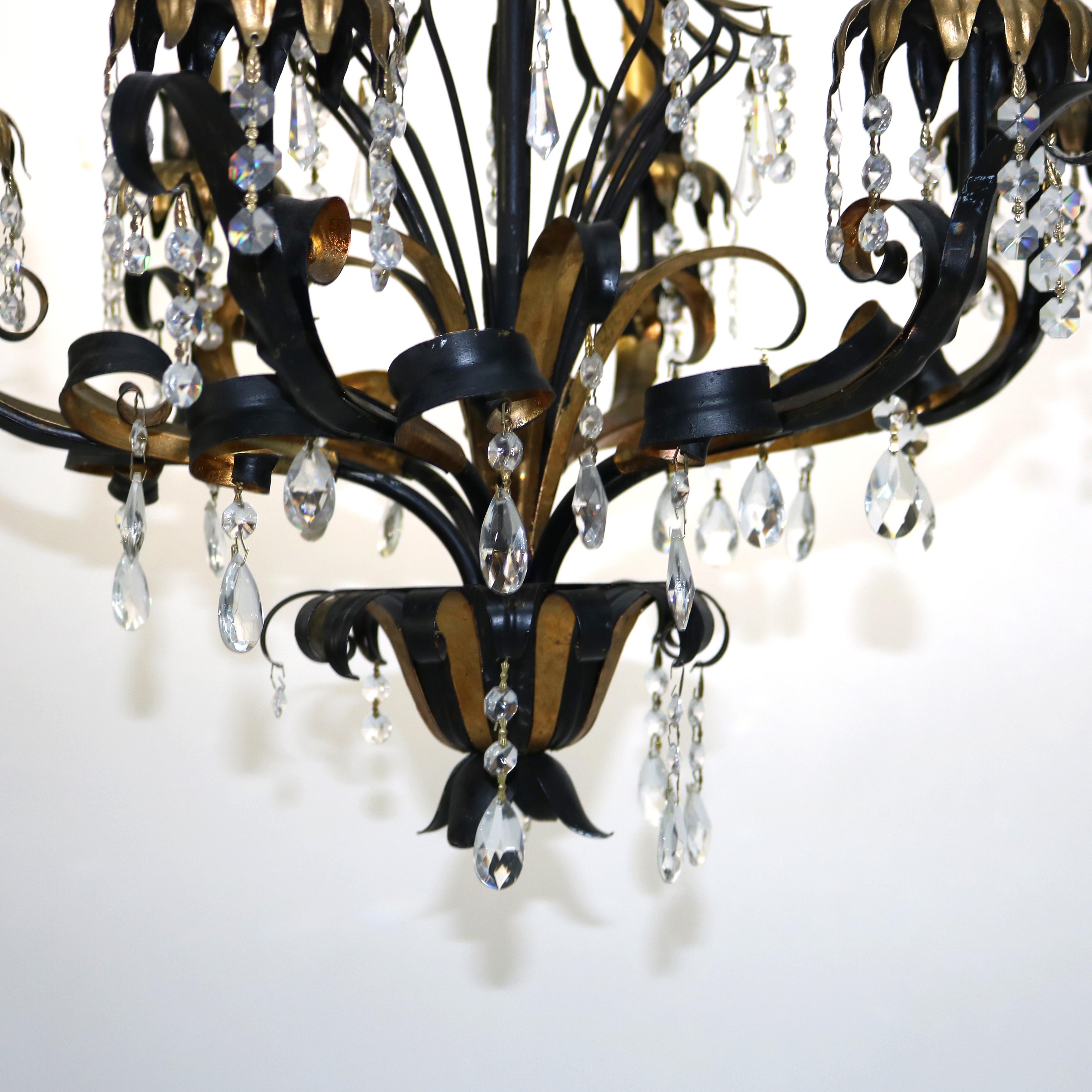 Vintage Ebonized & Gold vergoldet Sechs-Licht Foliate Form Kristall-Kronleuchter C1940 im Angebot 1