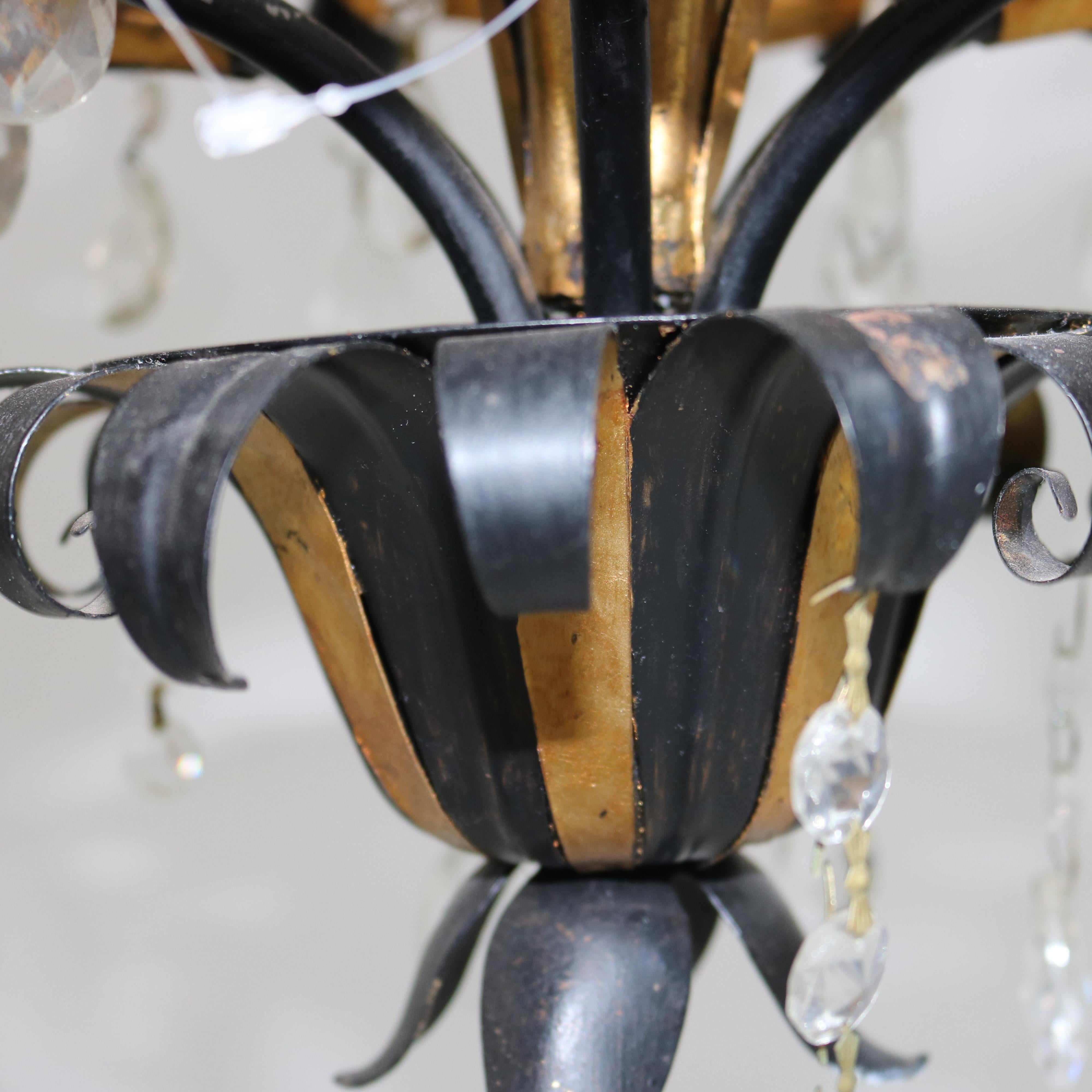 Vintage Ebonized & Gold vergoldet Sechs-Licht Foliate Form Kristall-Kronleuchter C1940 im Angebot 2