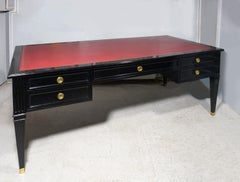 Vintage Ebonized Leather-top French Bureau Plat Faux-Partner's Desk