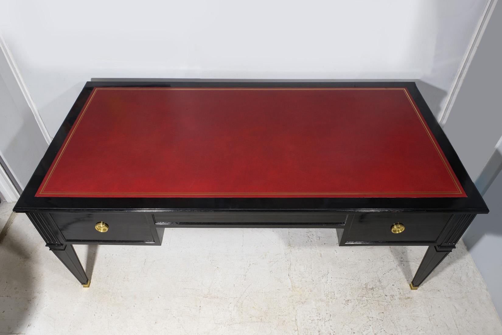 Vintage Ebonized Leder-Top Französisch Bureau Plat Faux-Partner-Schreibtisch (Messing) im Angebot