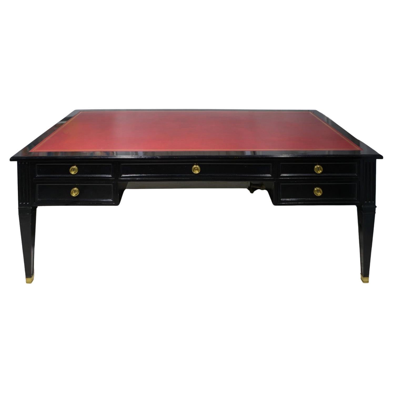Vintage Ebonized Leather-top French Bureau Plat Faux-Partner's Desk