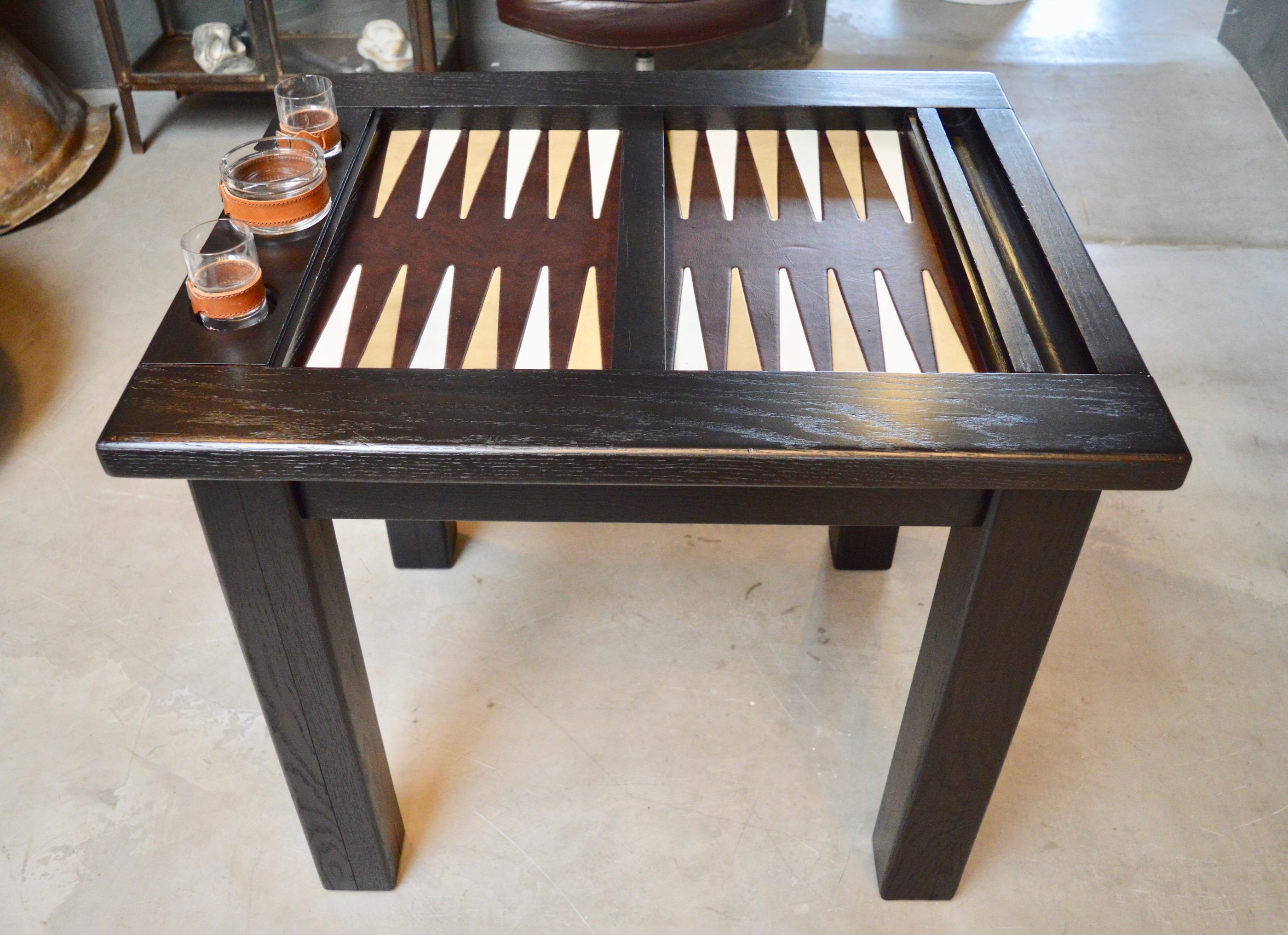 Vintage Ebonized Oak Backgammon Table with Leather Top In Excellent Condition In Los Angeles, CA