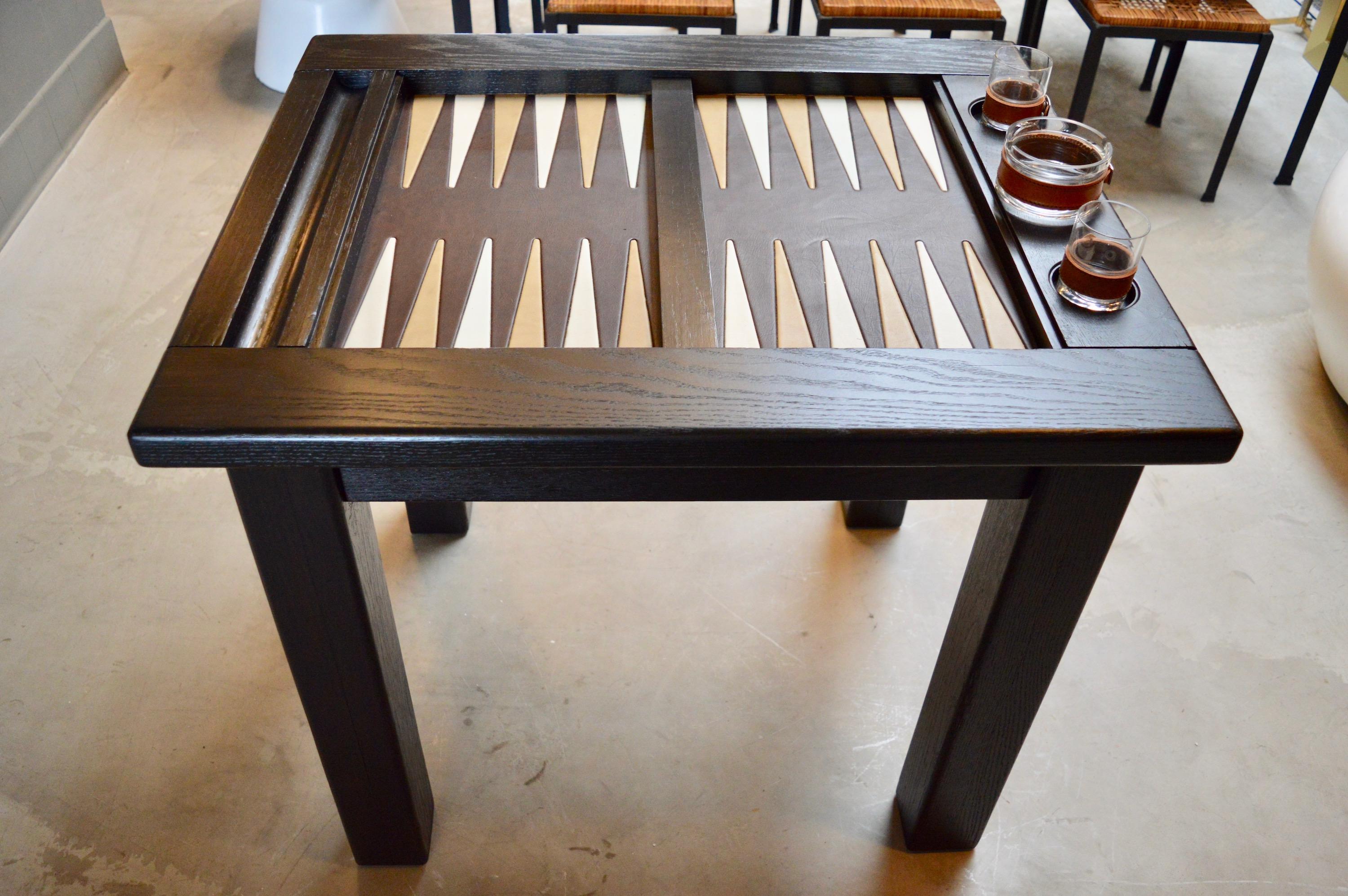 Late 20th Century Vintage Ebonized Oak Backgammon Table with Leather Top