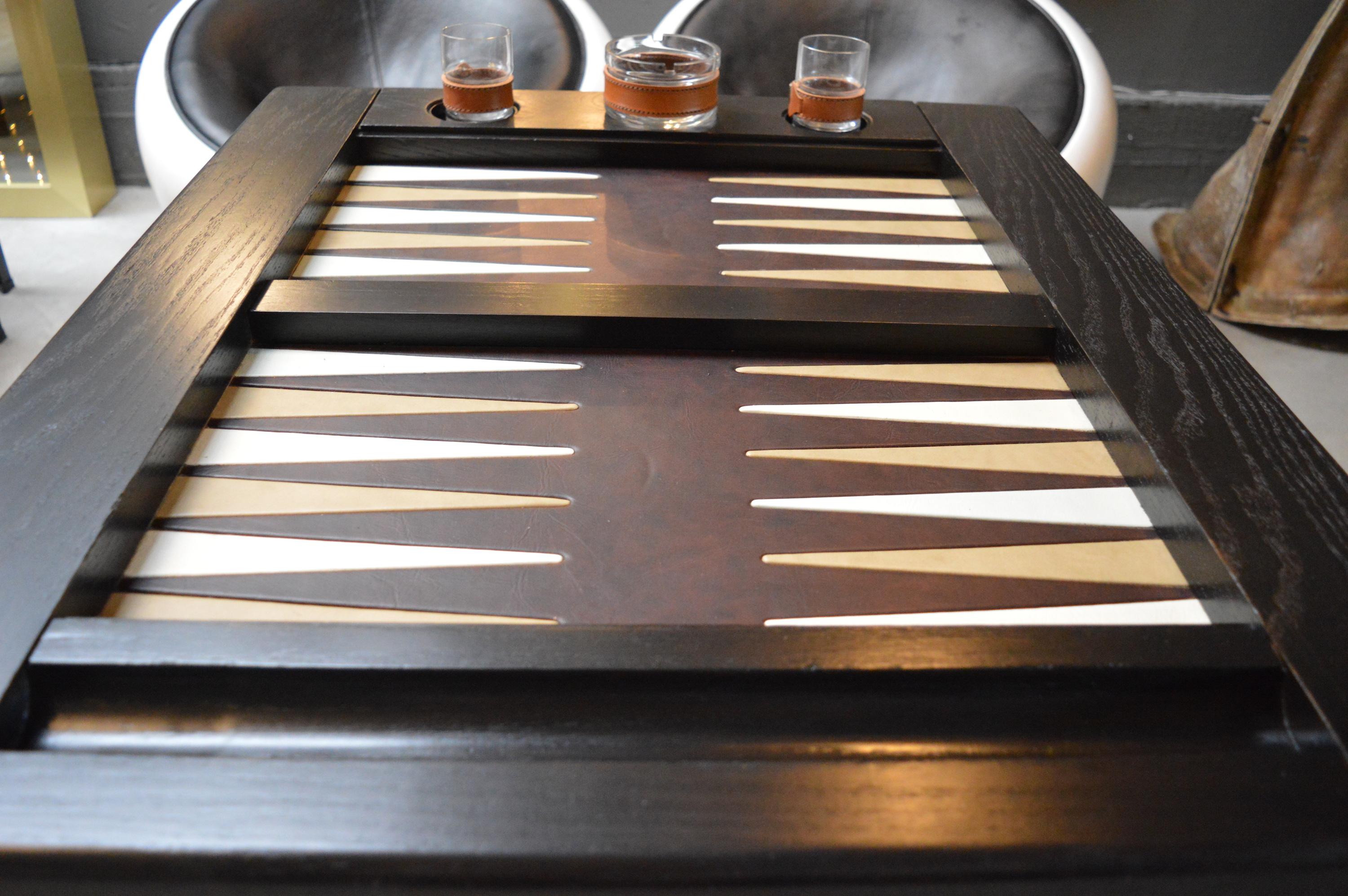 Steel Vintage Ebonized Oak Backgammon Table with Leather Top