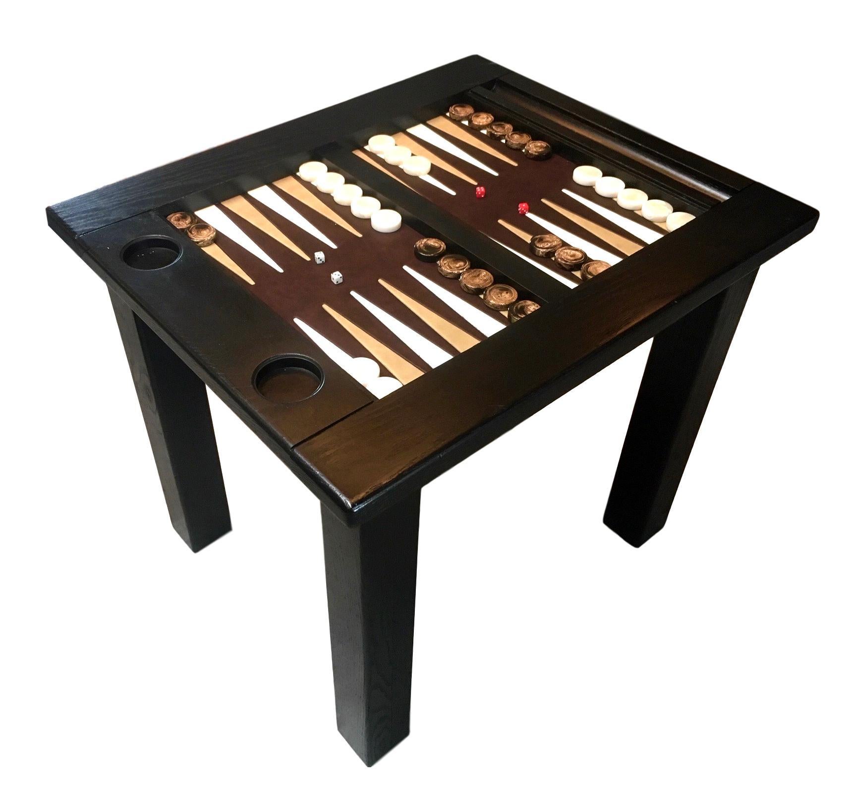 Vintage Ebonized Oak Backgammon Table with Leather Top