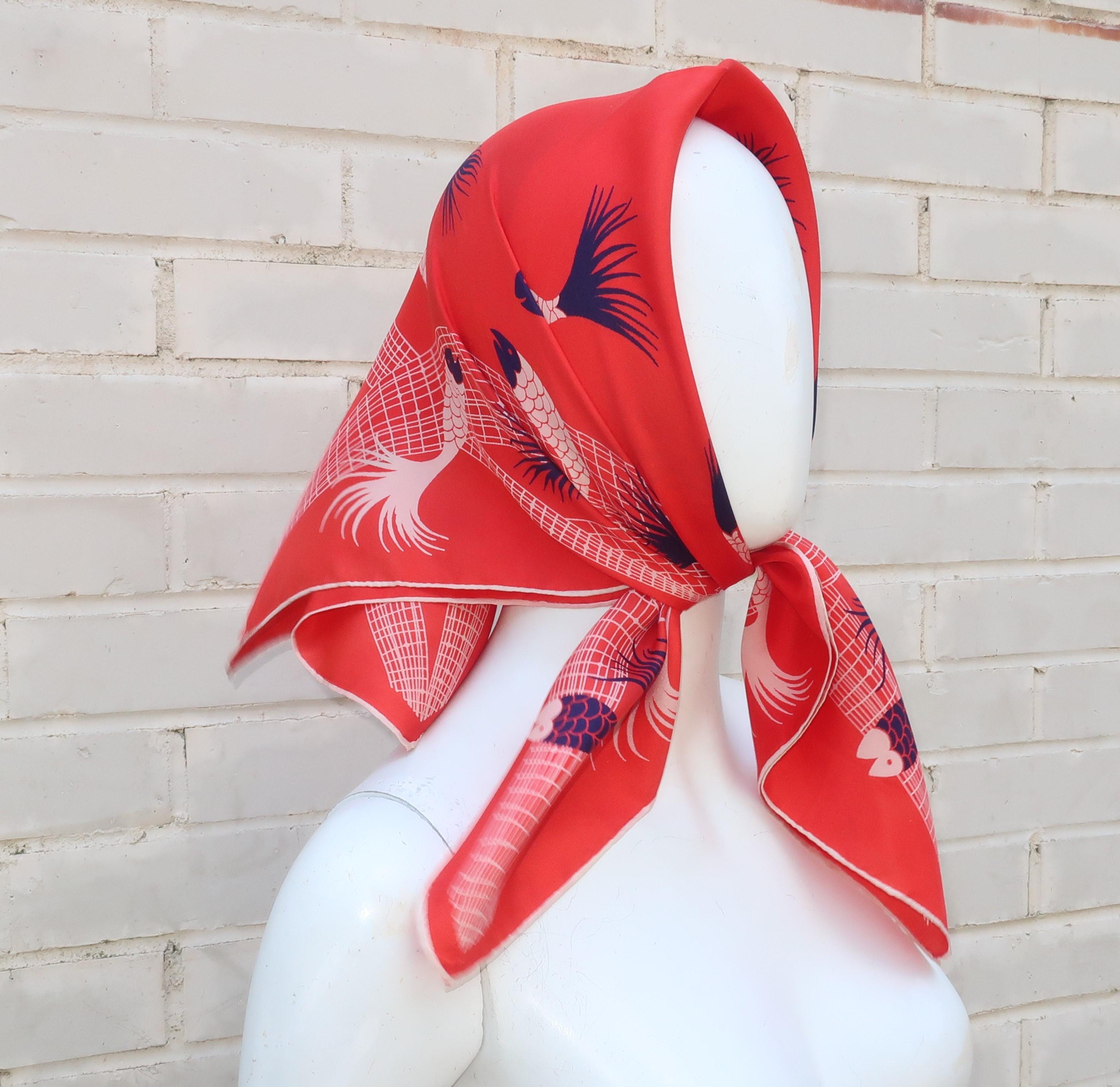 Vintage Echo Red White Blue 'The Catch' Fish Silk Scarf In Good Condition In Atlanta, GA