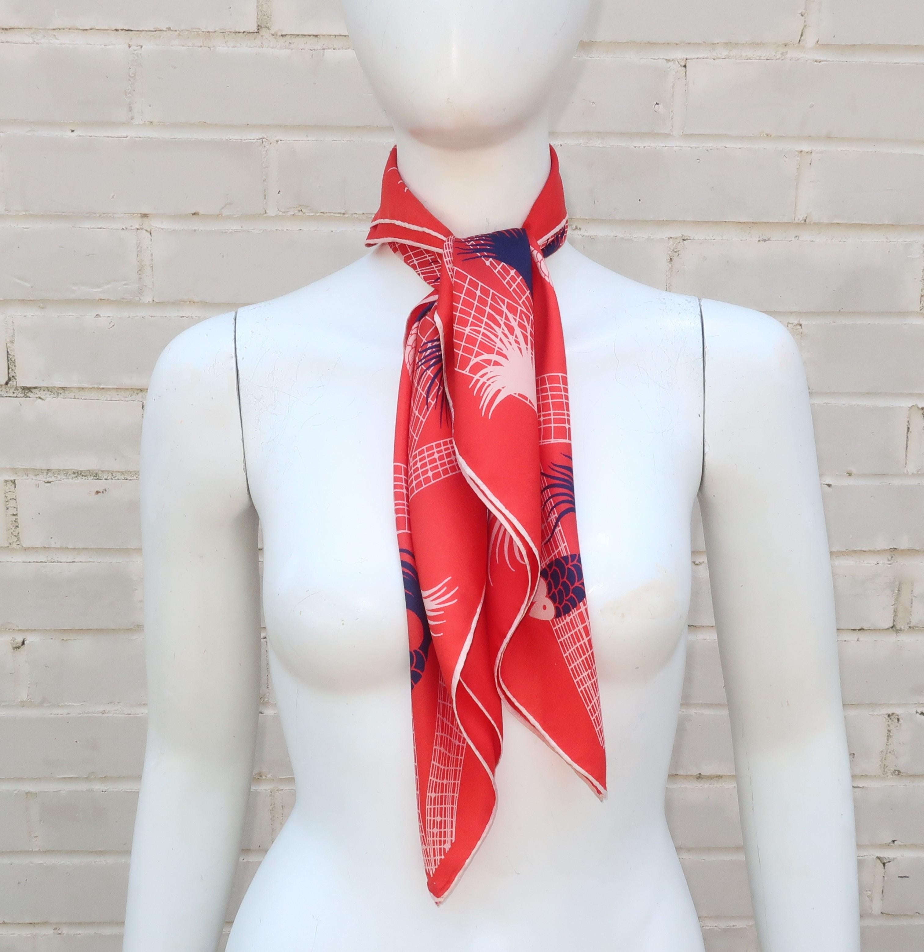 Vintage Echo Red White Blue 'The Catch' Fish Silk Scarf 1