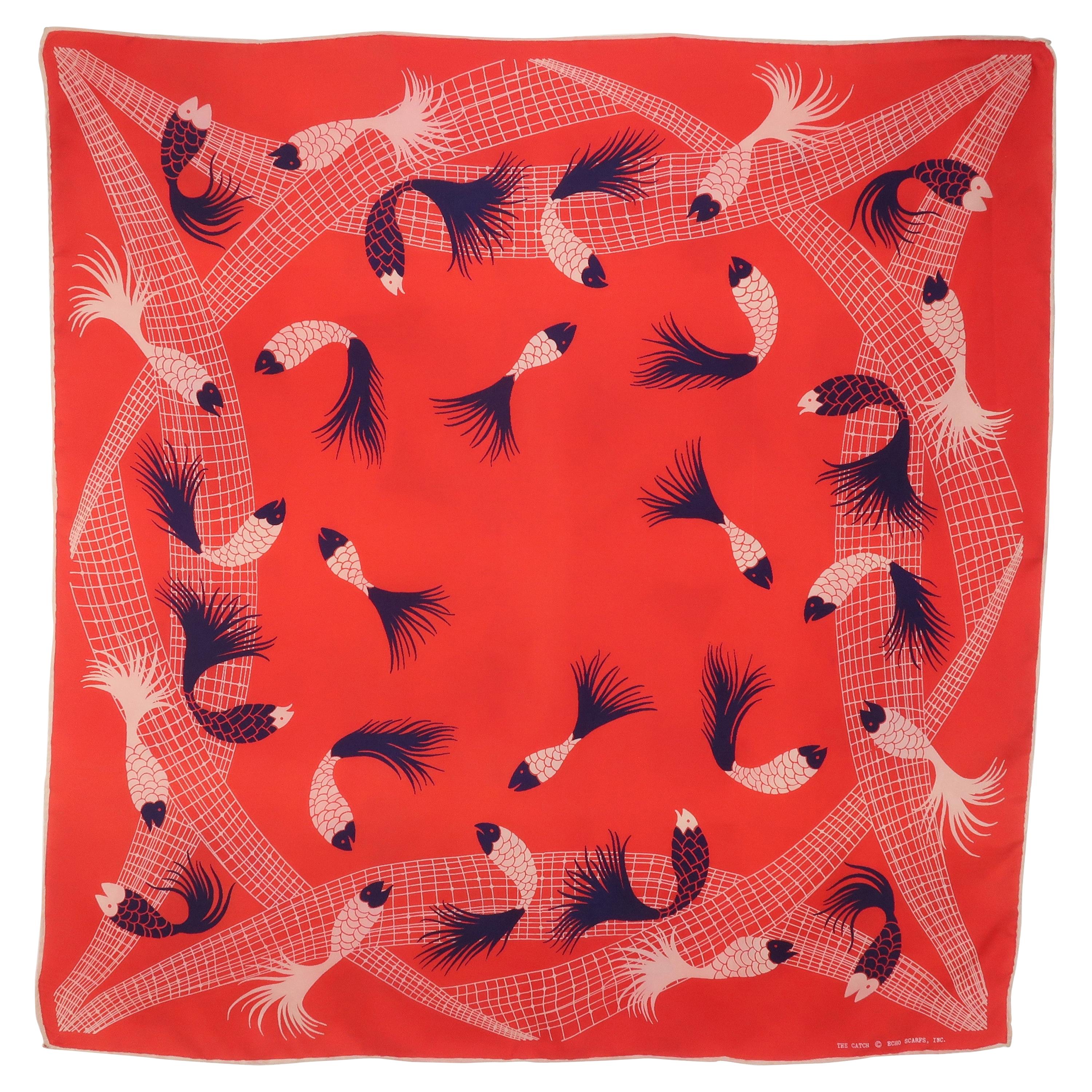 Vintage Echo Red White Blue 'The Catch' Fish Silk Scarf
