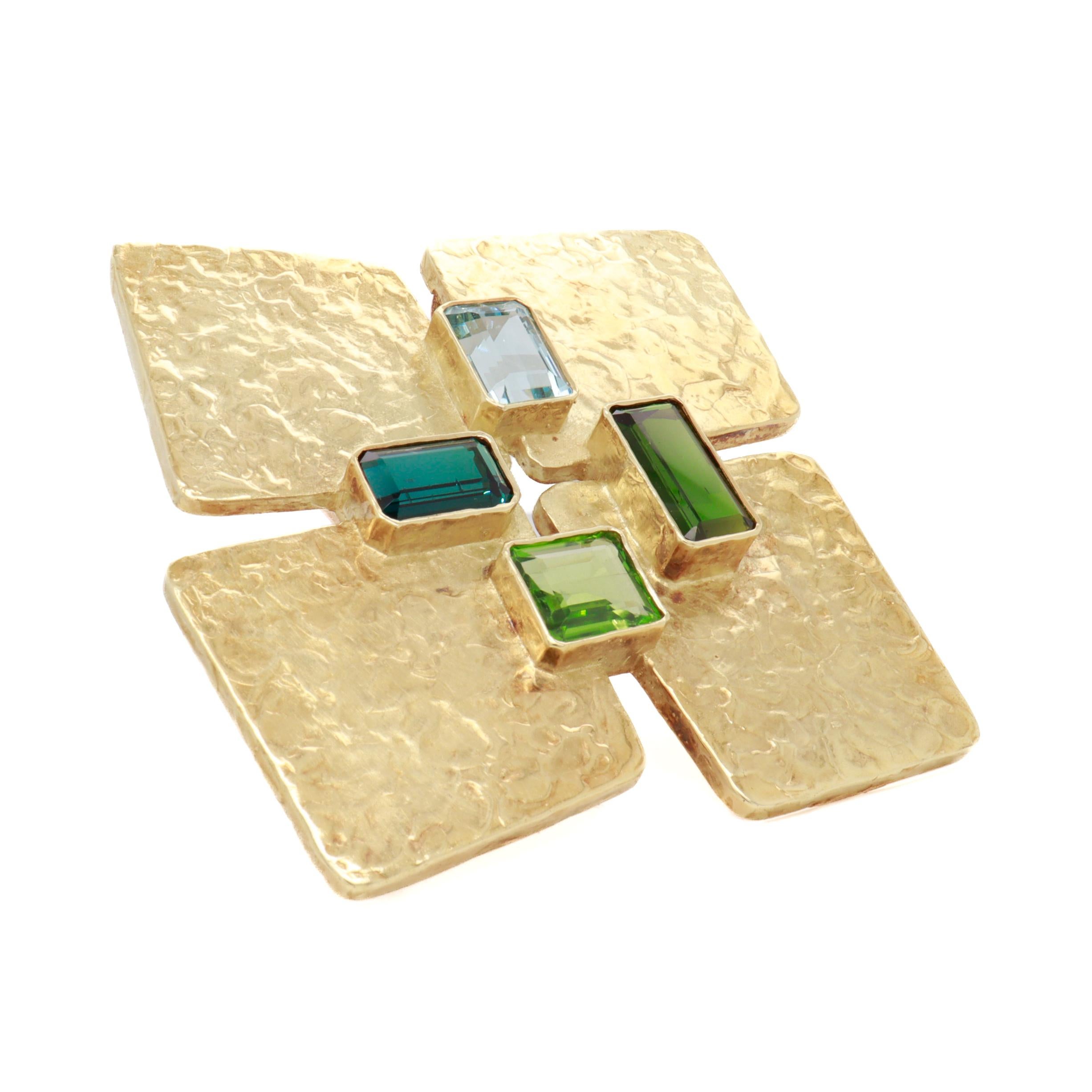 Broche modernista vintage Ed Wiener de oro de 18 quilates, peridoto, turmalina y aguamarina en venta 5