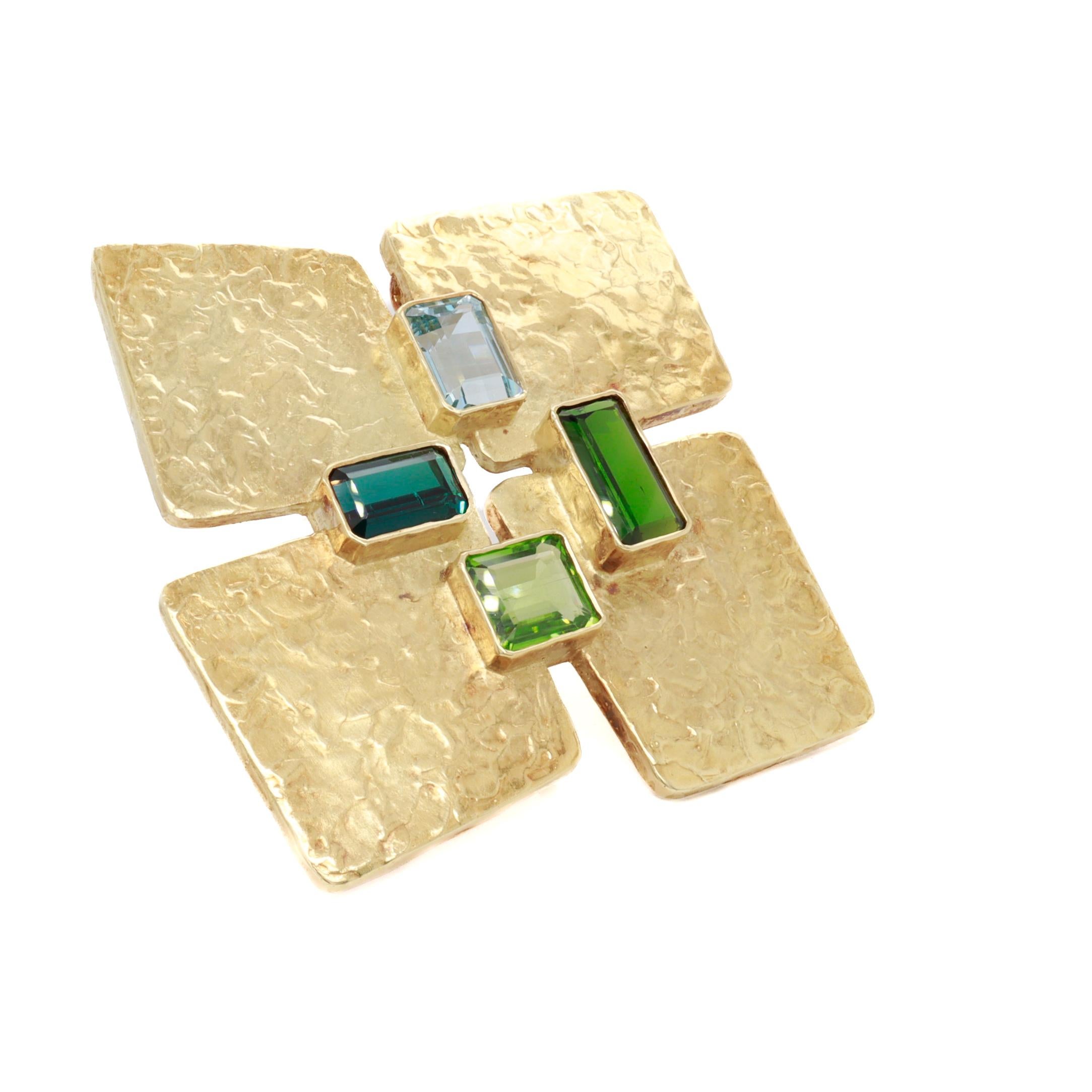 Broche modernista vintage Ed Wiener de oro de 18 quilates, peridoto, turmalina y aguamarina en venta 6