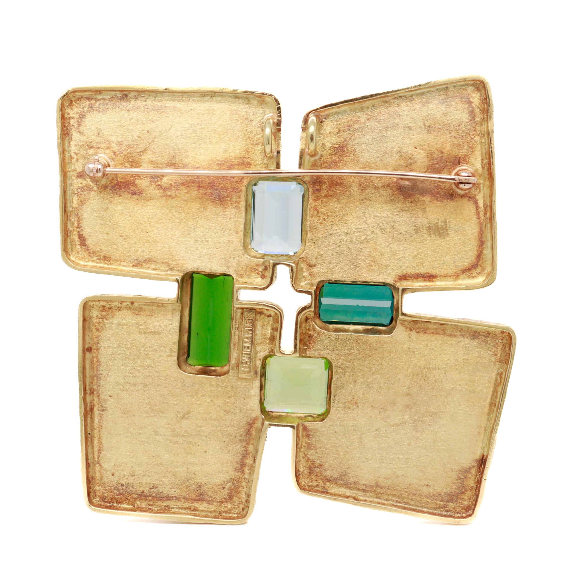 Broche modernista vintage Ed Wiener de oro de 18 quilates, peridoto, turmalina y aguamarina en Bueno estado para la venta en Philadelphia, PA