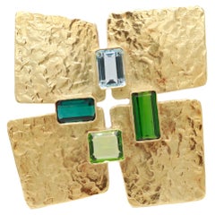 Vintage Ed Wiener 18K Gold, Peridot, Tourmaline, & Aquamarine Modernist Brooch