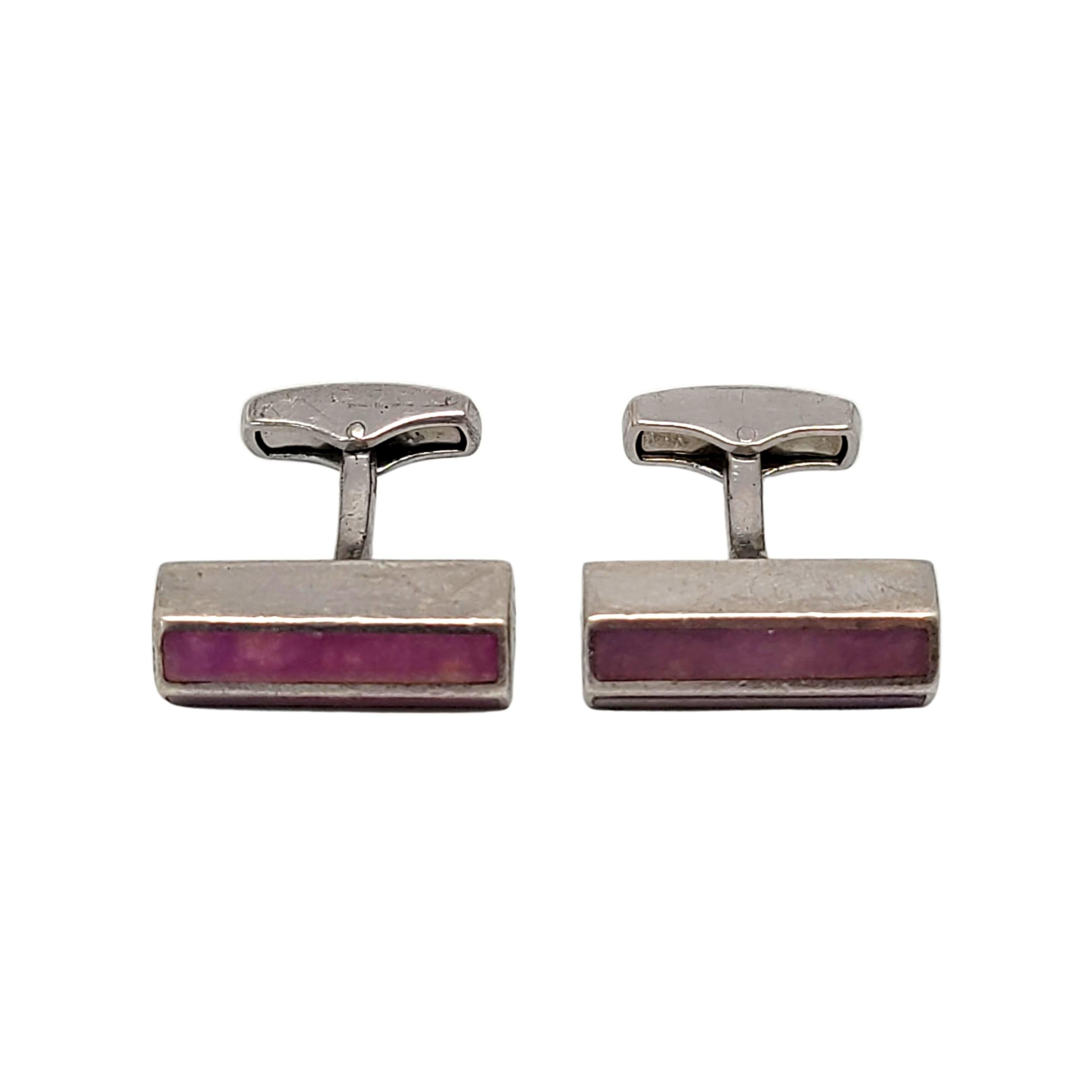 Sterling silver cufflinks by designer EZ of Edinburgh.

Unique hexagon shape, featuring 2 inlaid bars of a light purple cabochon stone.

Cufflinks measures approx 3/4