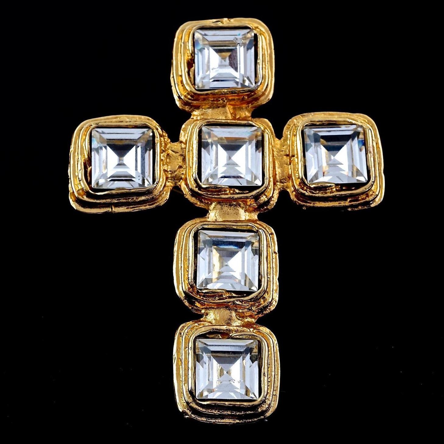 Women's Vintage EDOUARD RAMBAUD Cubist Glass Rhinestone Jewelled Cross Brooch
