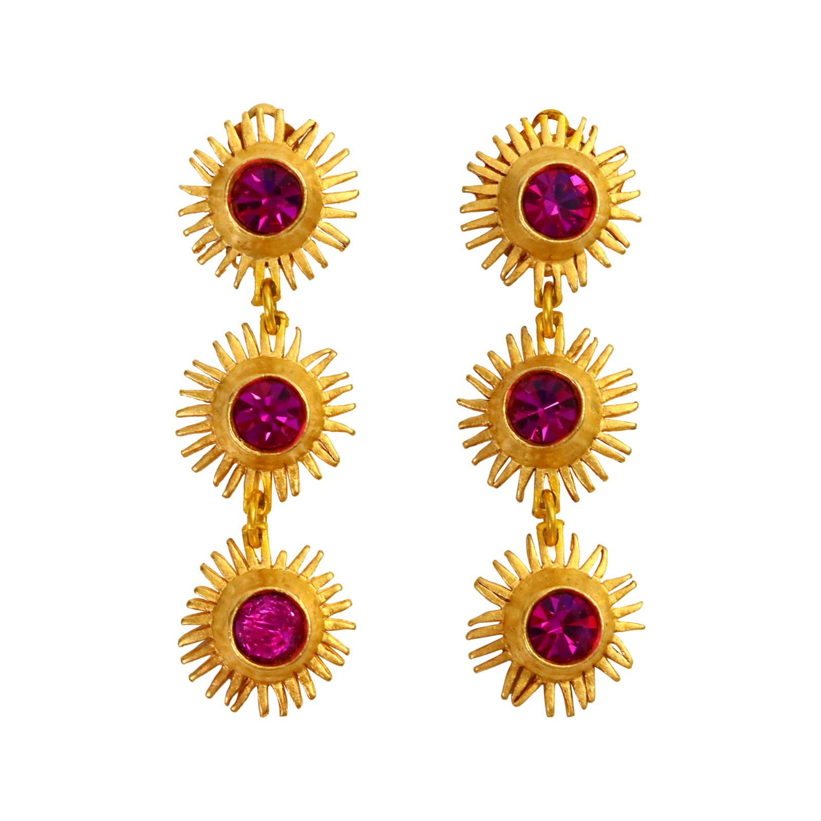 Vintage Edouard Rambaud Gold Earrings with Pink Crystals Circa 1980s.  These look like suns that have pink crystals in the middle.  They are so well made. There is a bracelet to match on site and also a necklace with clear crystals. The back is