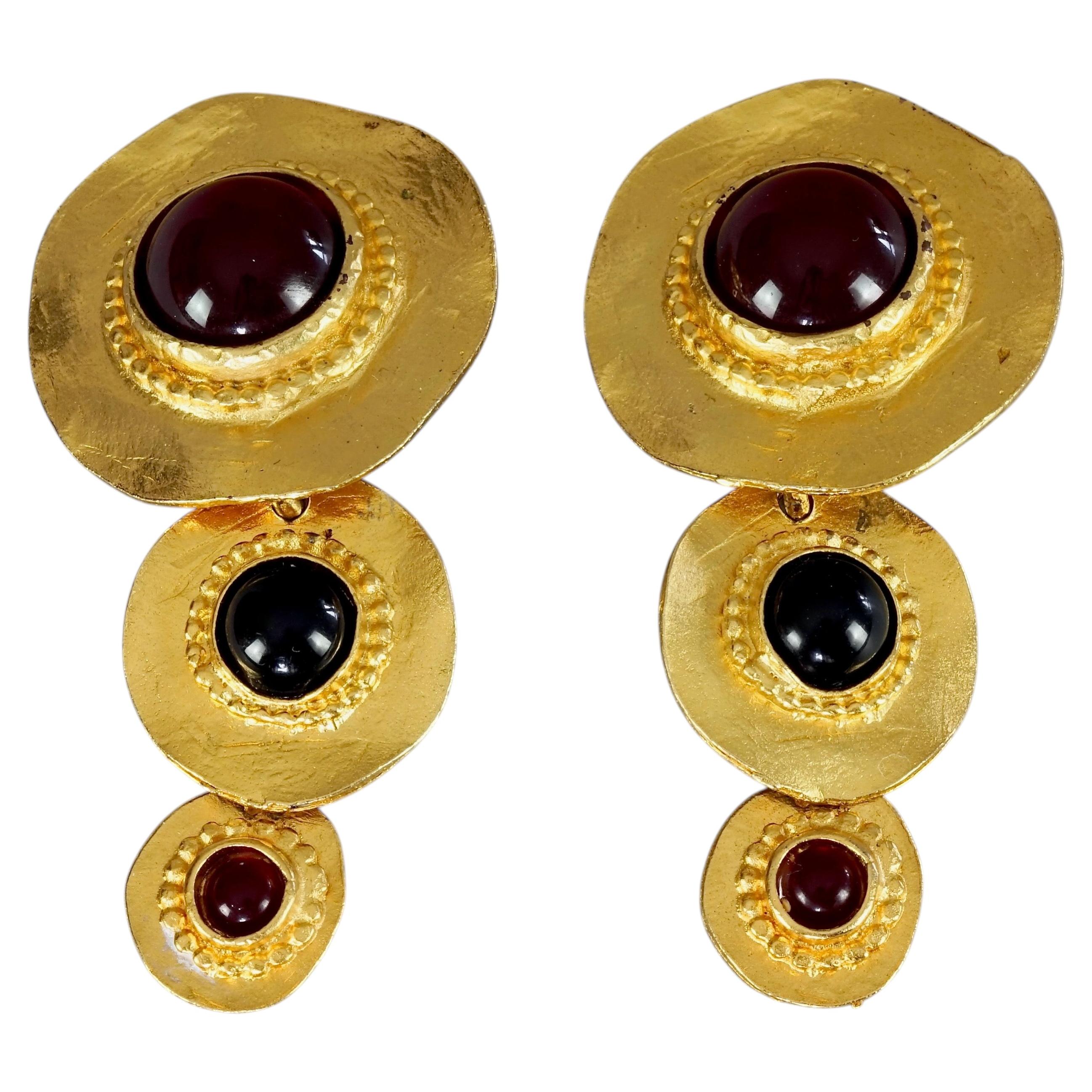 Vintage EDOUARD RAMBAUD Pendientes colgantes de disco con cabujón rojo y negro en venta