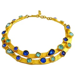 Vintage EDOUARD RAMBAUD Sapphire and Capri Blue Rhinestone Rigid Choker Necklace