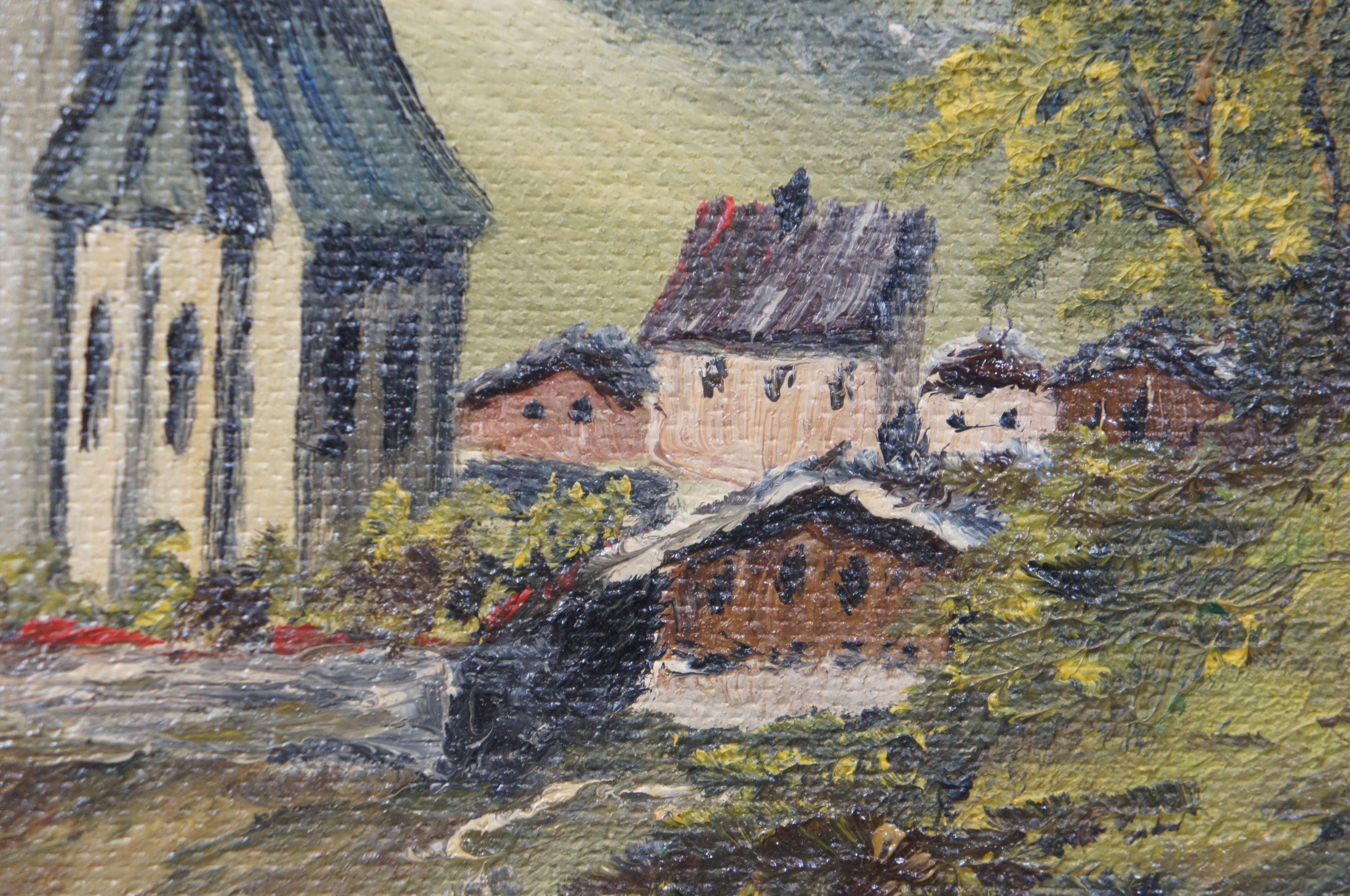 Vintage Eduard Enzmann Alpine Church Landscape Oil Painting on Board 20