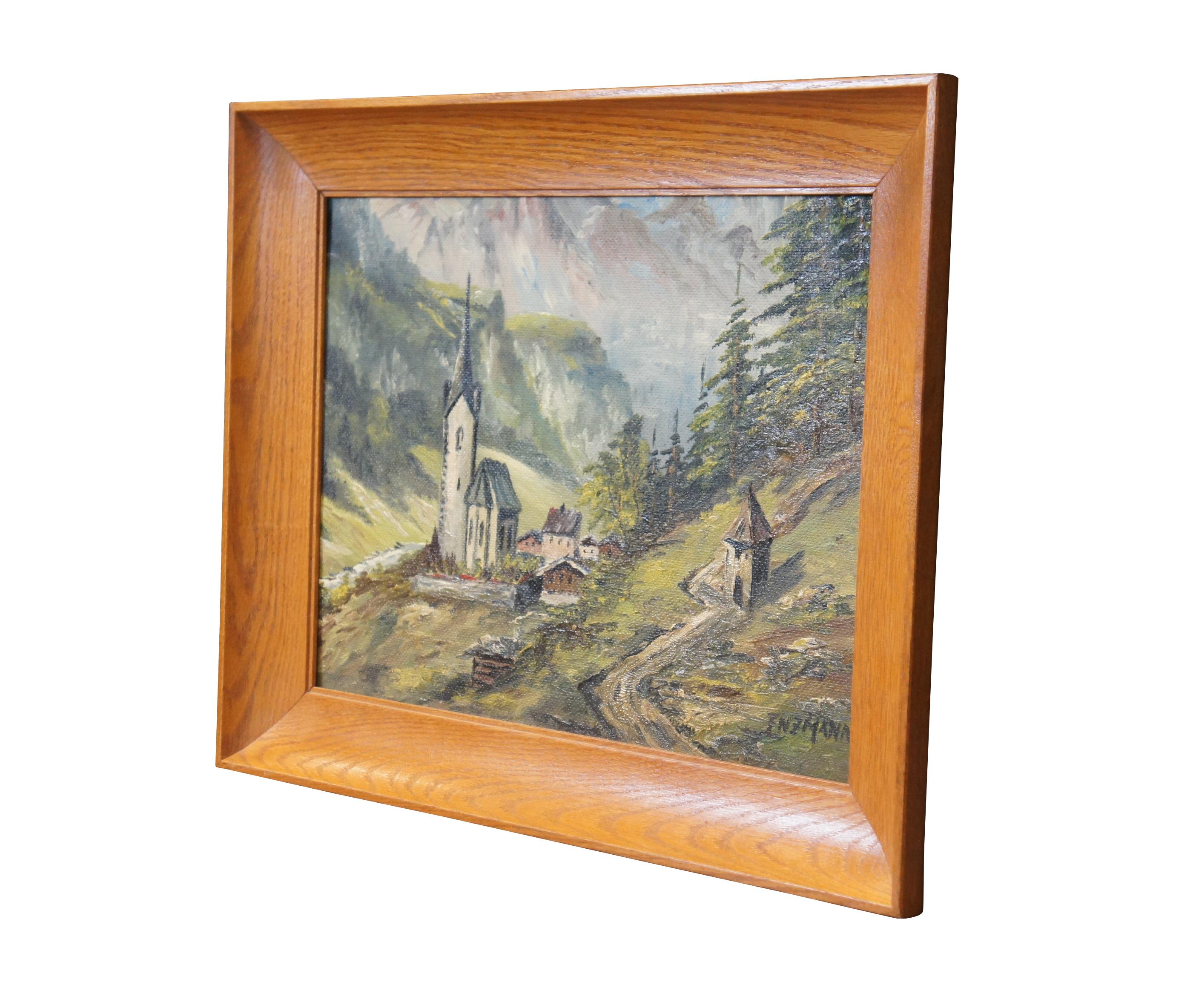 Black Forest Vintage Eduard Enzmann Alpine Church Landscape Oil Painting on Board 20