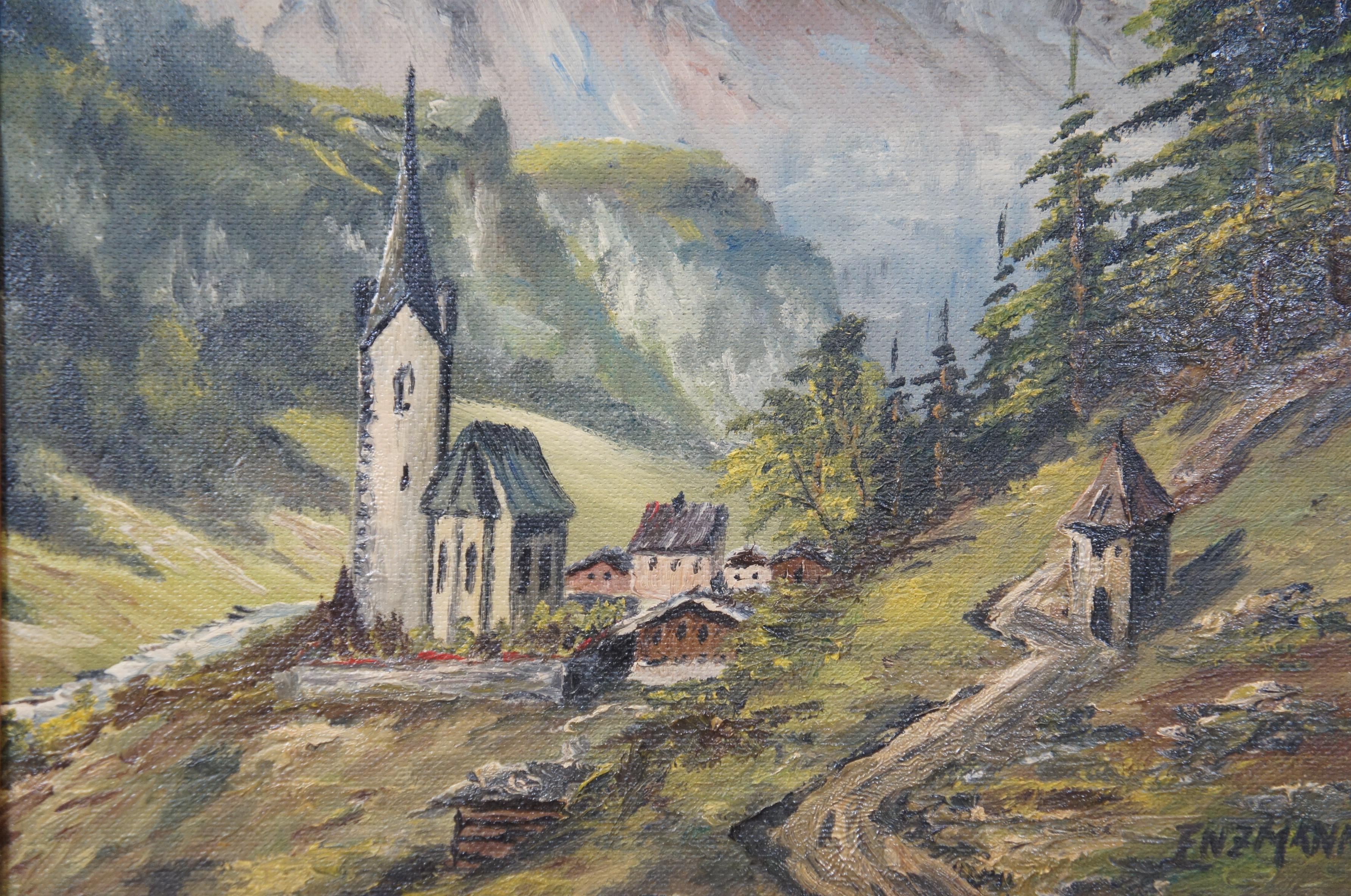 20th Century Vintage Eduard Enzmann Alpine Church Landscape Oil Painting on Board 20