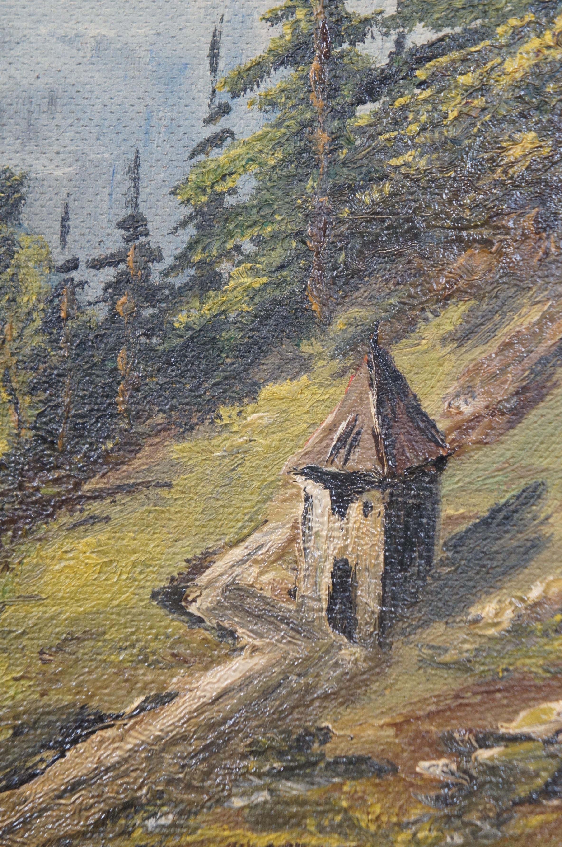 Vintage Eduard Enzmann Alpine Church Landscape Oil Painting on Board 20