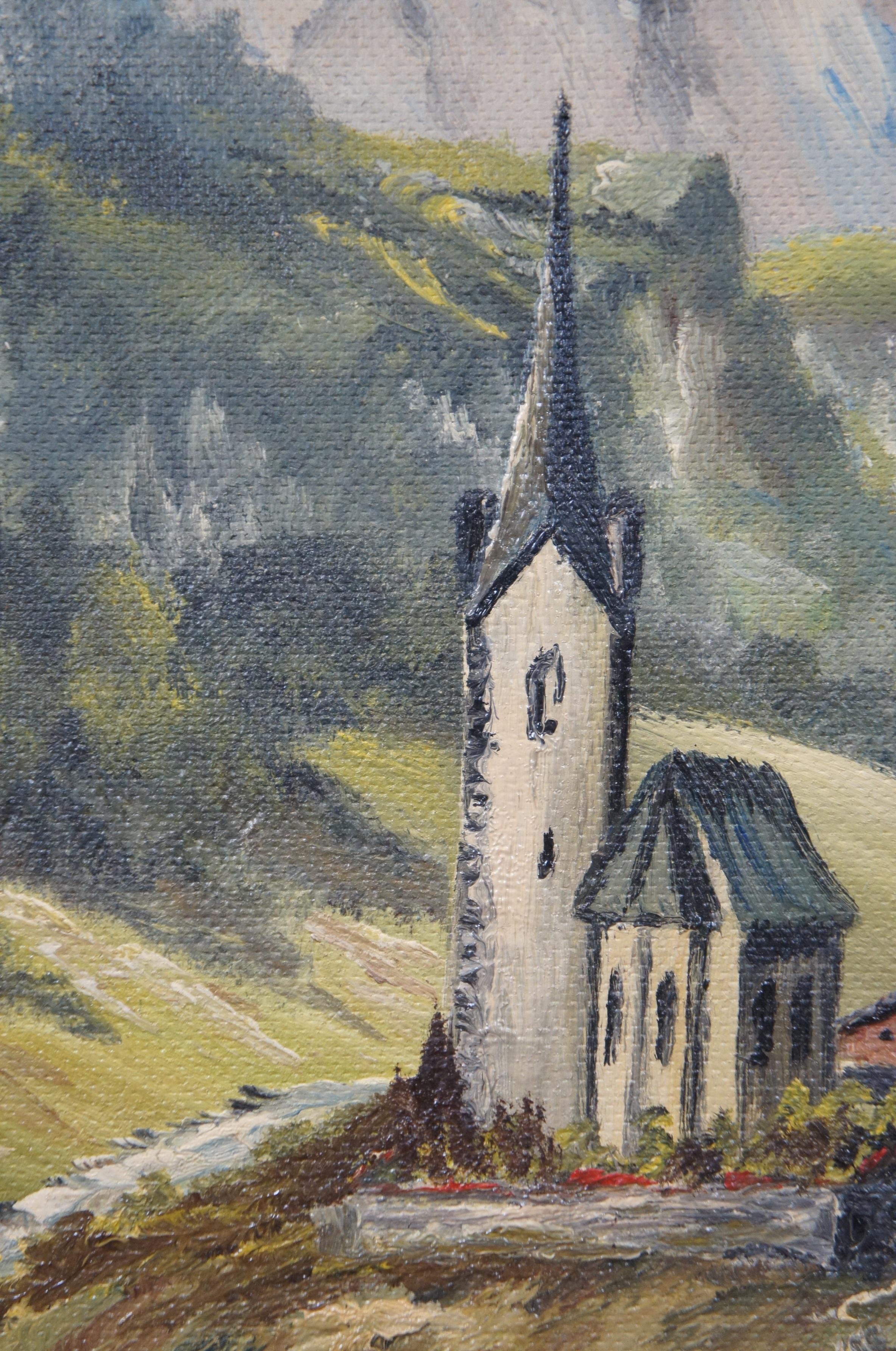 Vintage Eduard Enzmann Alpine Church Landscape Oil Painting on Board 20