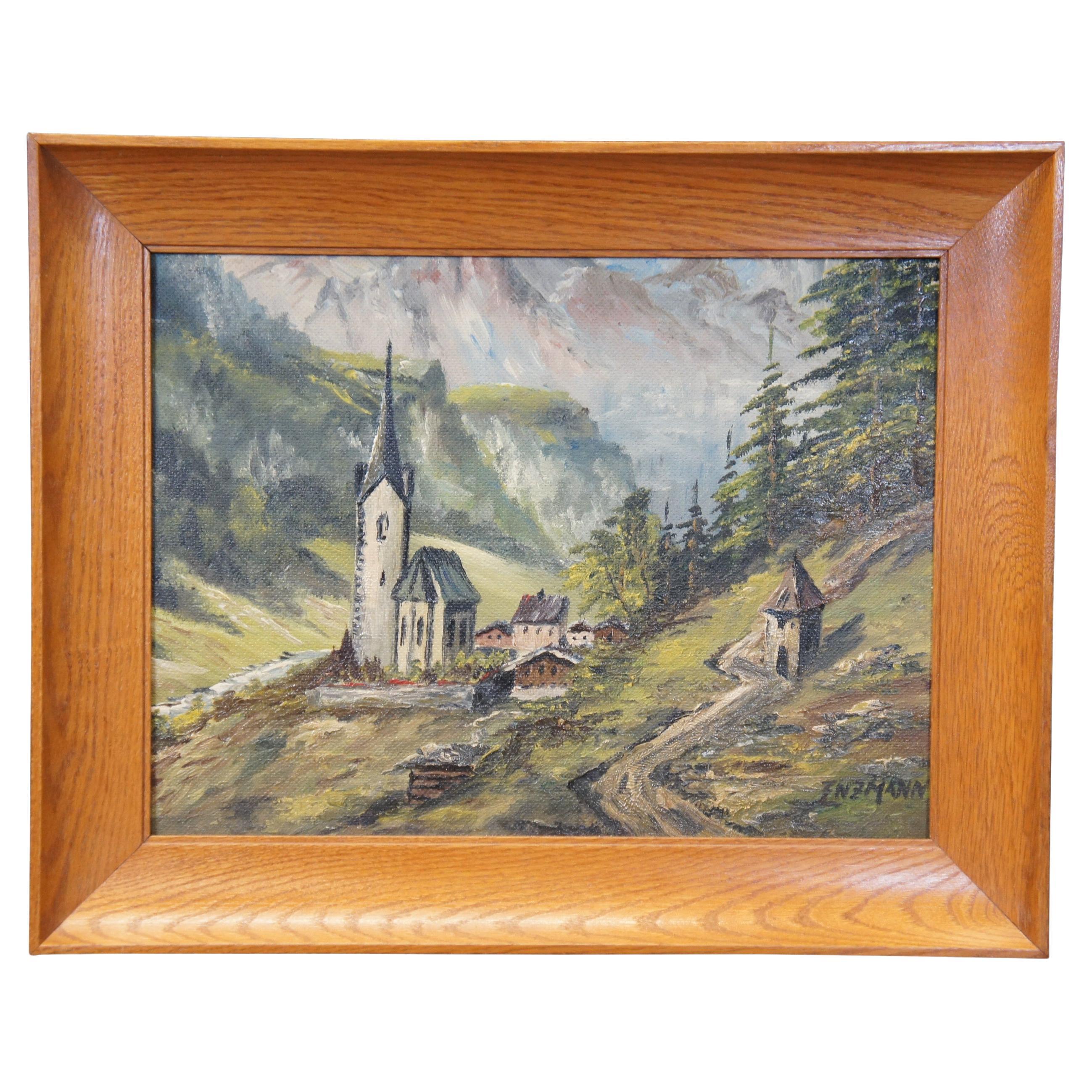 Vintage Eduard Enzmann Iglesia alpina Paisaje Pintura al óleo sobre tabla 20"
