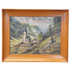 Vintage Eduard Enzmann Chiesa alpina Paesaggio Pittura a olio su tavola 20"