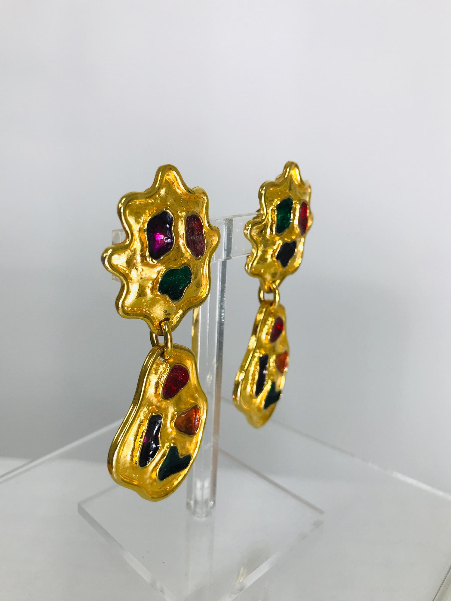 Vintage Eduardo Rambaud Paris goldtone metal with abstract enamel drop earrings from the 1990s, clip backs. 
In very good pre owned condition. 
Approximately 3