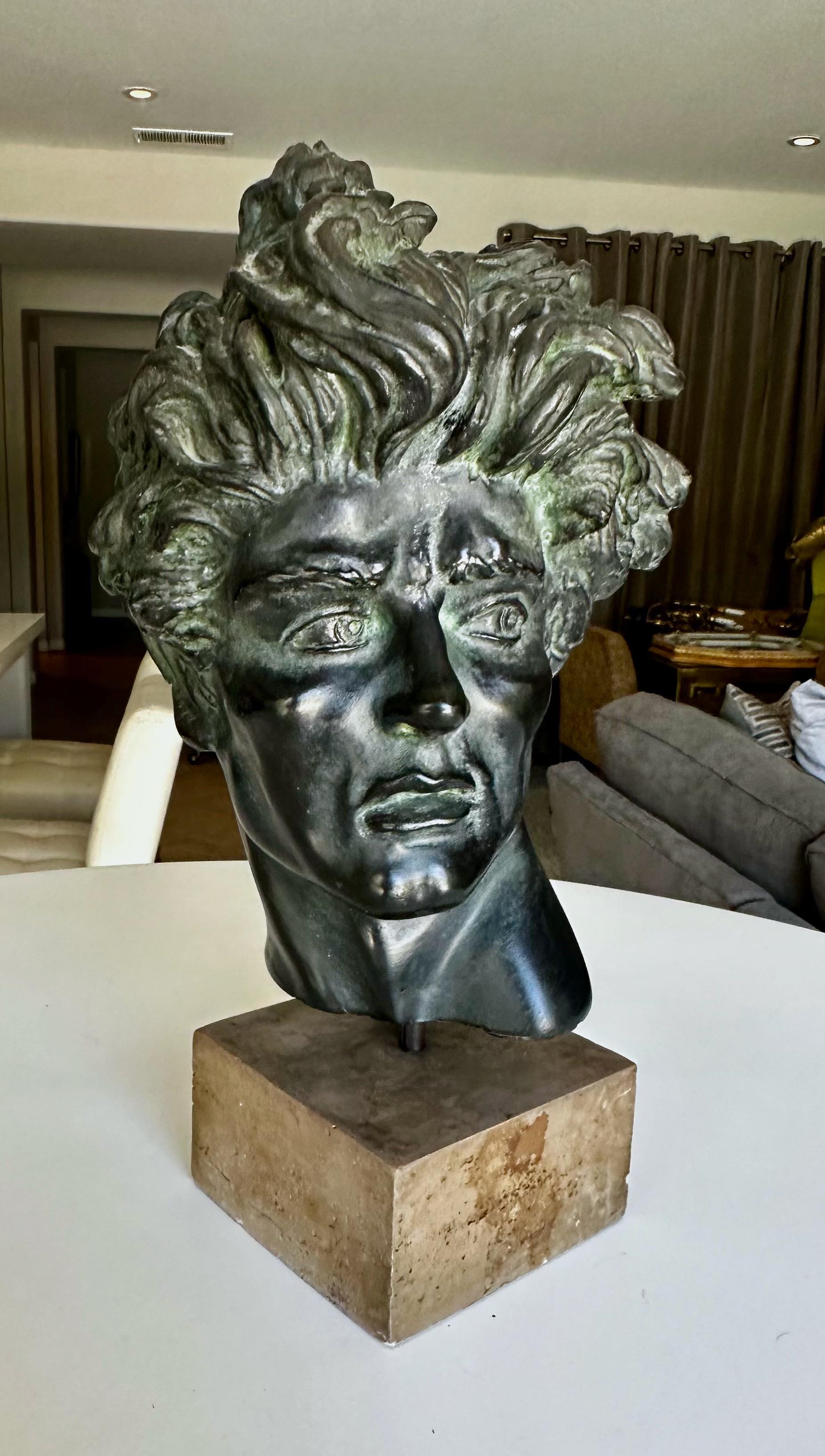 Vintage Edward Melcarth Heroic Male Head Classical Sculpture in a resin composition, limited edition, dark green patina finish, marked JC copyright.
Bust 10
