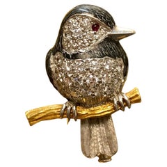 Edward Wolfe, broche oiseau en forme d'oiseau, vintage, 18 carats, émaillé, diamants et rubis