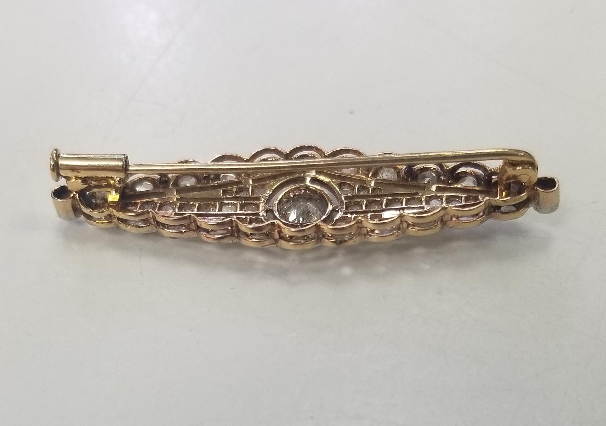 Women's or Men's Vintage Edwardian 18k Yellow Gold European and Rose Cut Diamond Brooch 1.15cts. For Sale