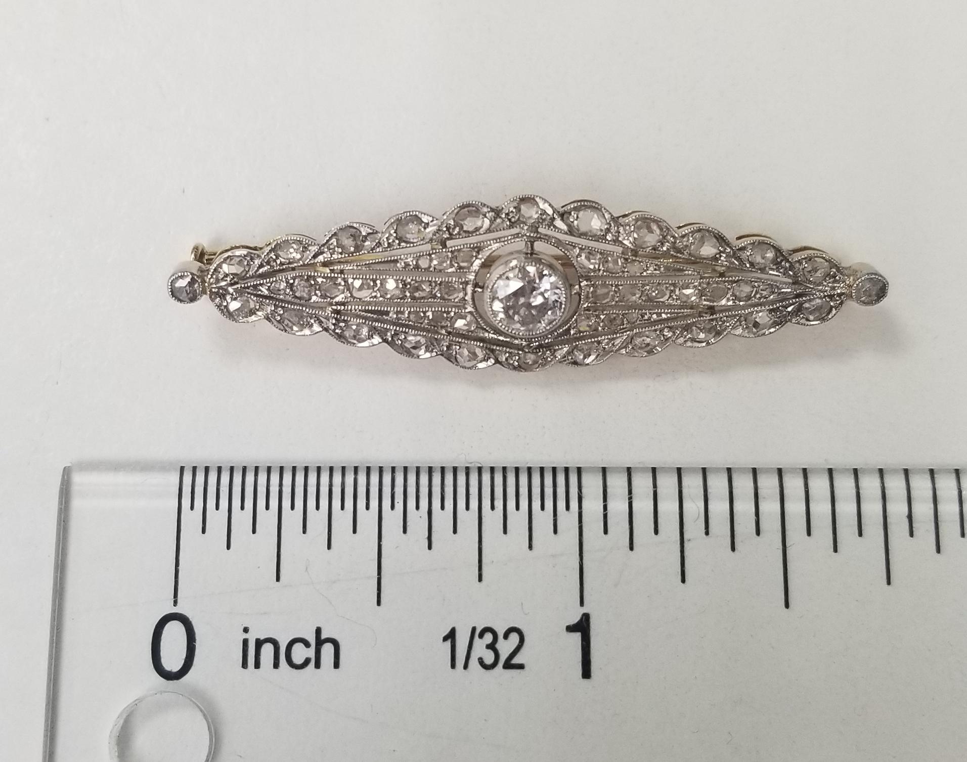 Vintage Edwardian 18k Yellow Gold European and Rose Cut Diamond Brooch 1.15cts. For Sale 1