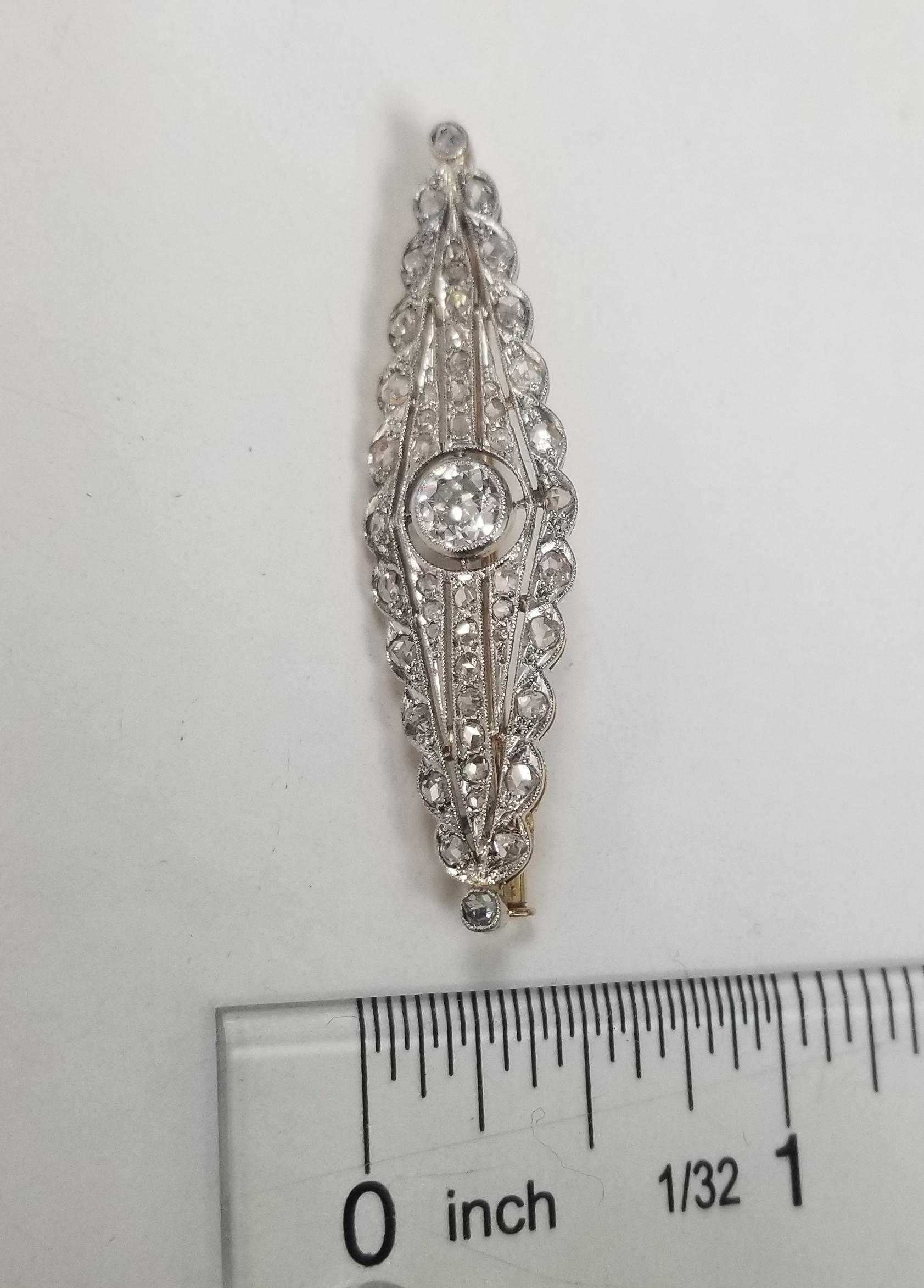 Vintage Edwardian 18k Yellow Gold European and Rose Cut Diamond Brooch 1.15cts. For Sale 2