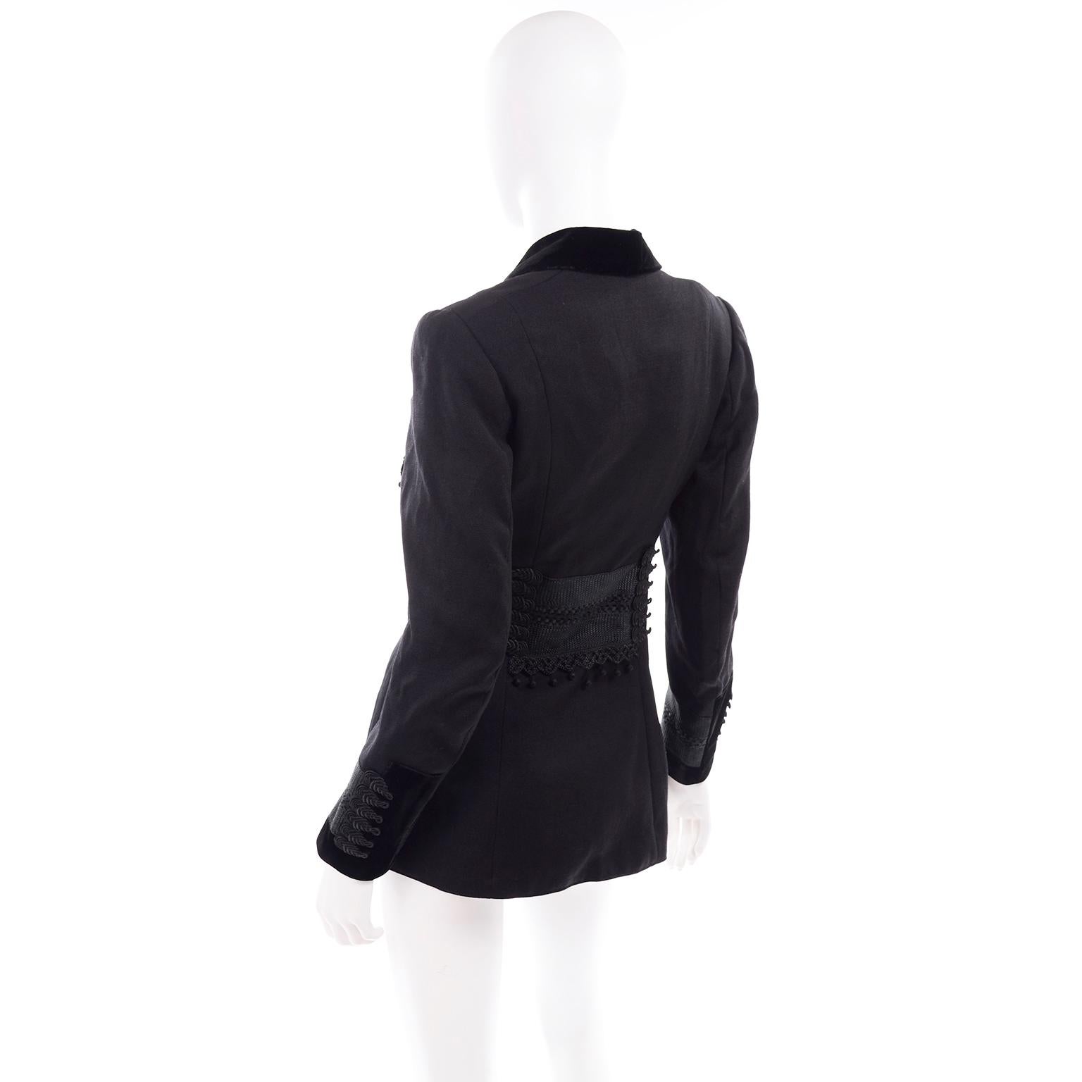Vintage Edwardian Black Wool Jacket With Braid and Tassels w Velvet Trim & Skirt In Excellent Condition In Portland, OR