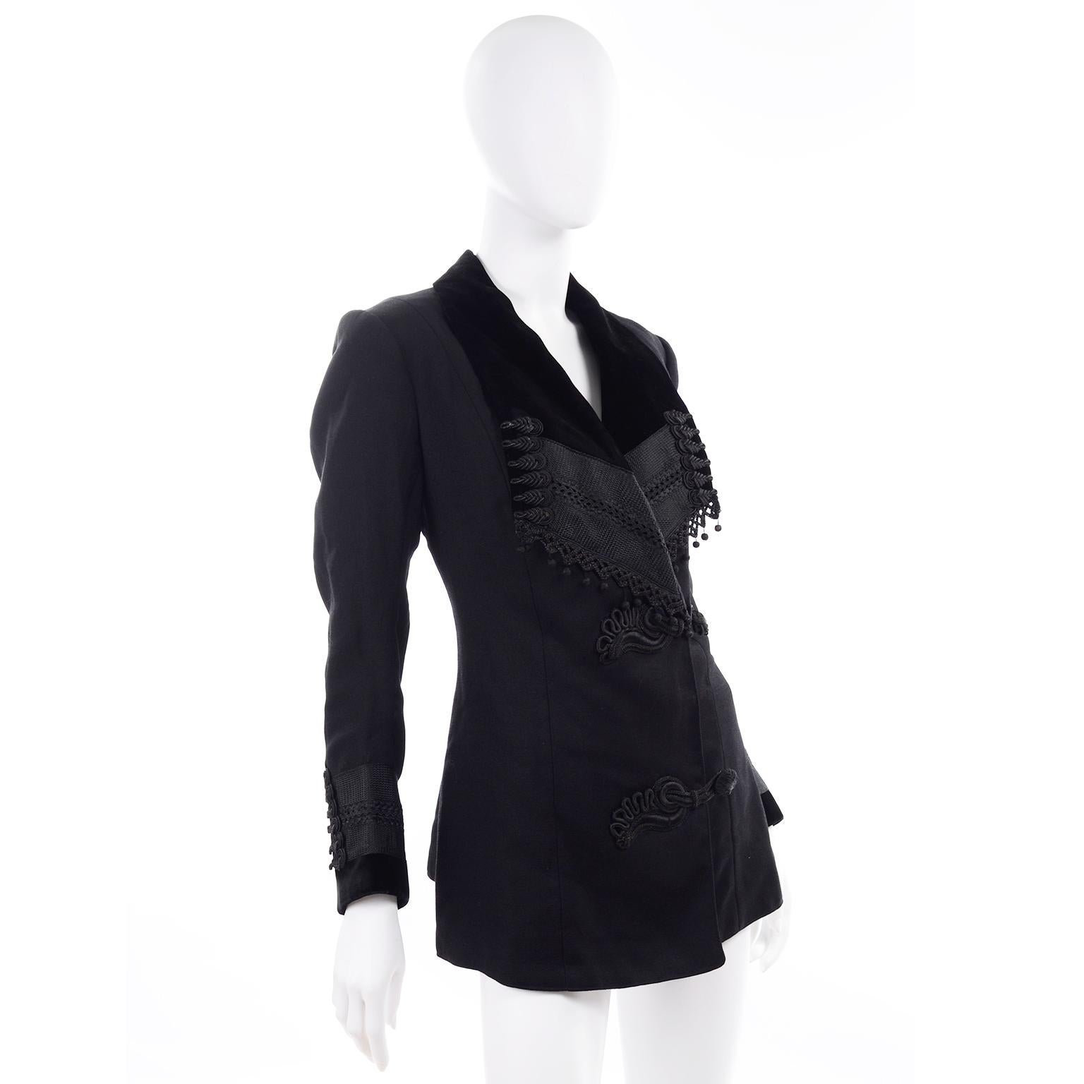 Vintage Edwardian Black Wool Jacket With Braid and Tassels w Velvet Trim & Skirt 2