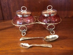 Vintage Edwardian Cranberry  Preserve Pots in Silver Plate Stand From England
