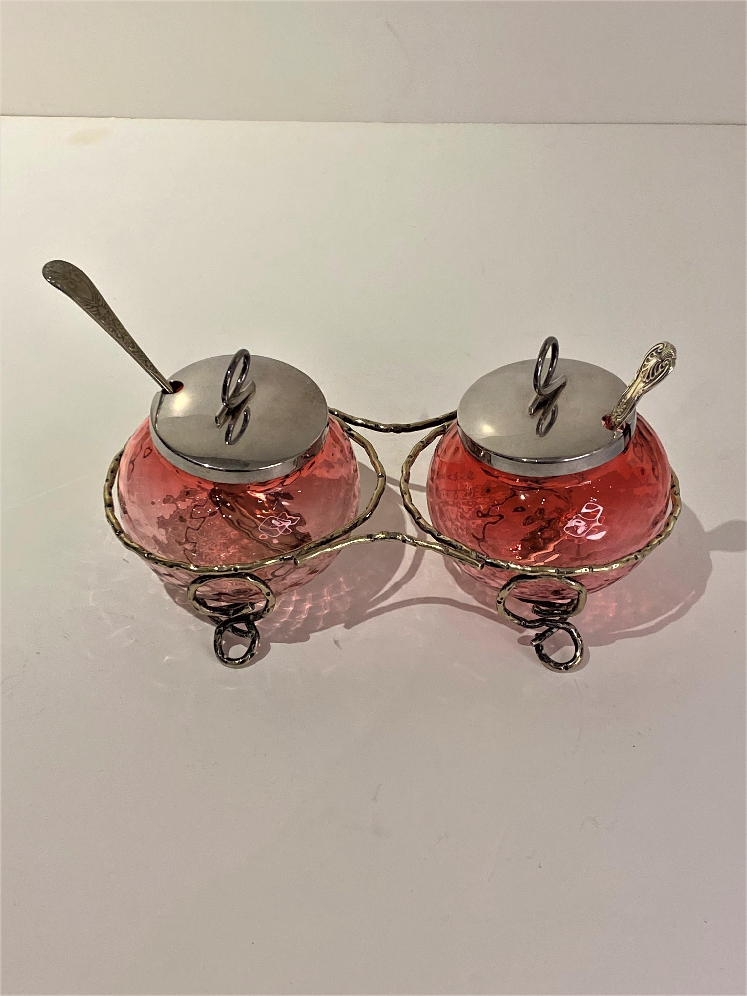English Vintage Edwardian Cranberry  Preserve Pots in Silver Plate Stand From England