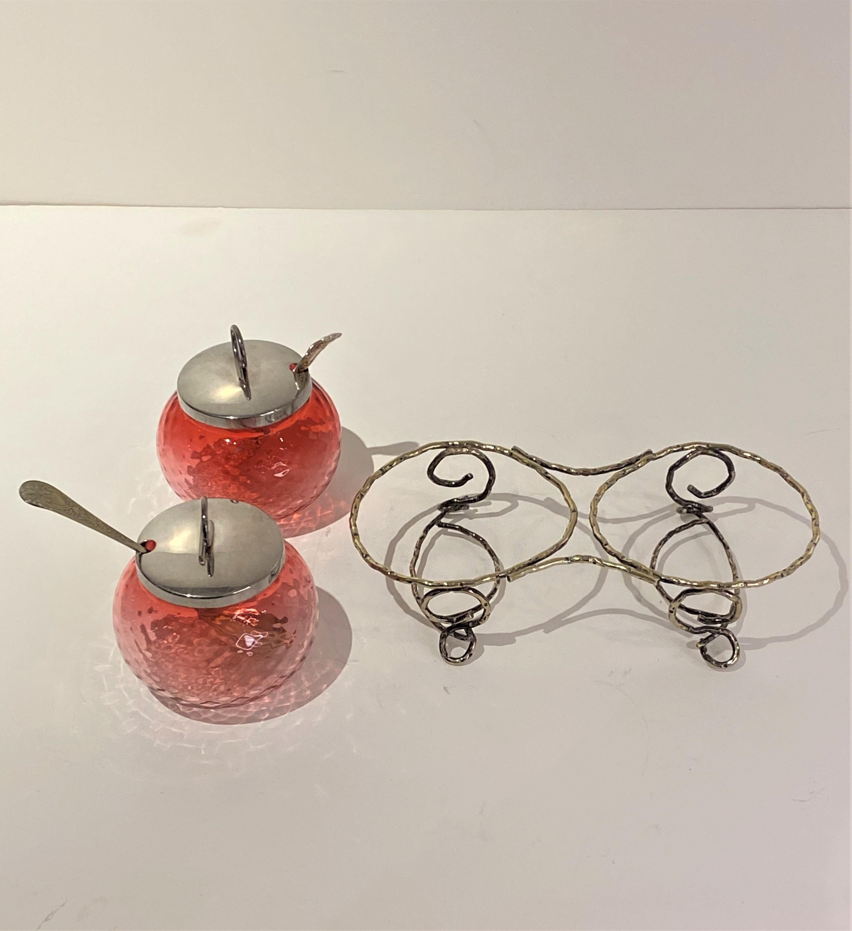 Vintage Edwardian Cranberry  Preserve Pots in Silver Plate Stand From England In Good Condition In North Salem, NY