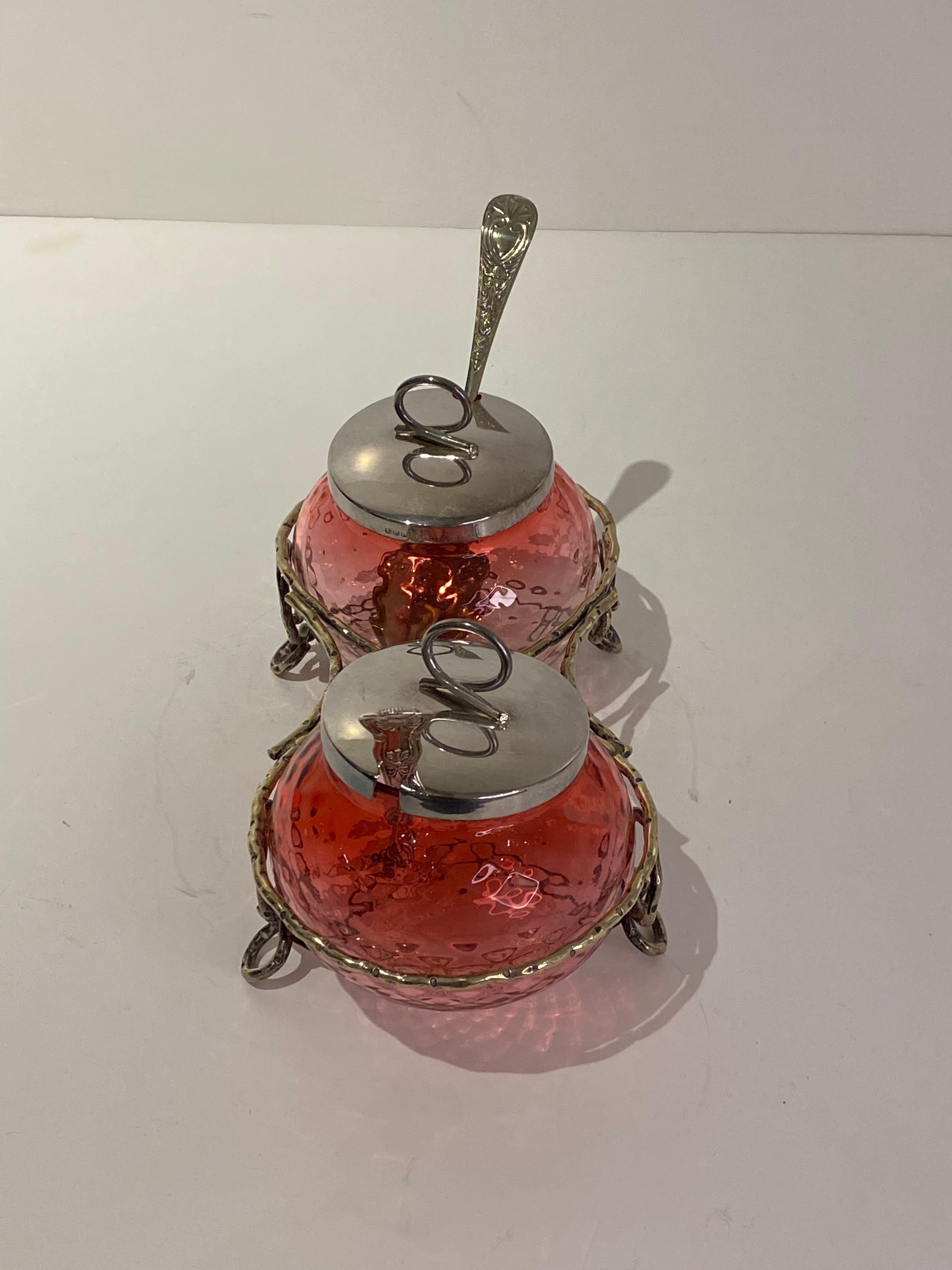 19th Century Vintage Edwardian Cranberry  Preserve Pots in Silver Plate Stand From England