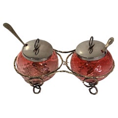 Vintage Edwardian Cranberry Preserve Pots in Silver Plate Stand From England