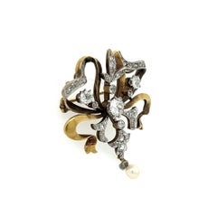 Vintage Edwardian Diamond and Pearl Platinum on Gold Ribbon Pendant Brooch Pin