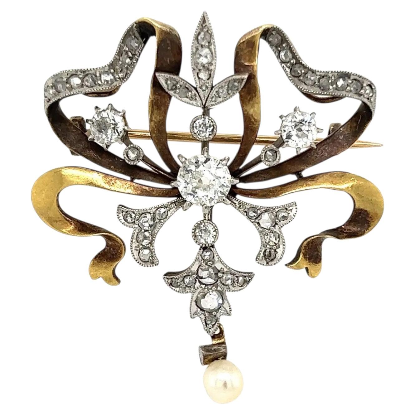 Vintage Edwardian Diamond and Pearl Platinum on Gold Ribbon Pendant Brooch Pin