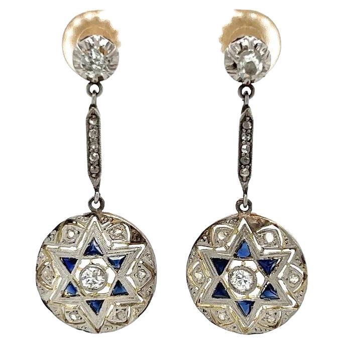 Vintage Edwardian Diamond and Sapphire Platinum on Gold Drop Earrings