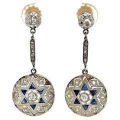 Antique Edwardian Diamond and Sapphire Platinum on Gold Drop Earrings